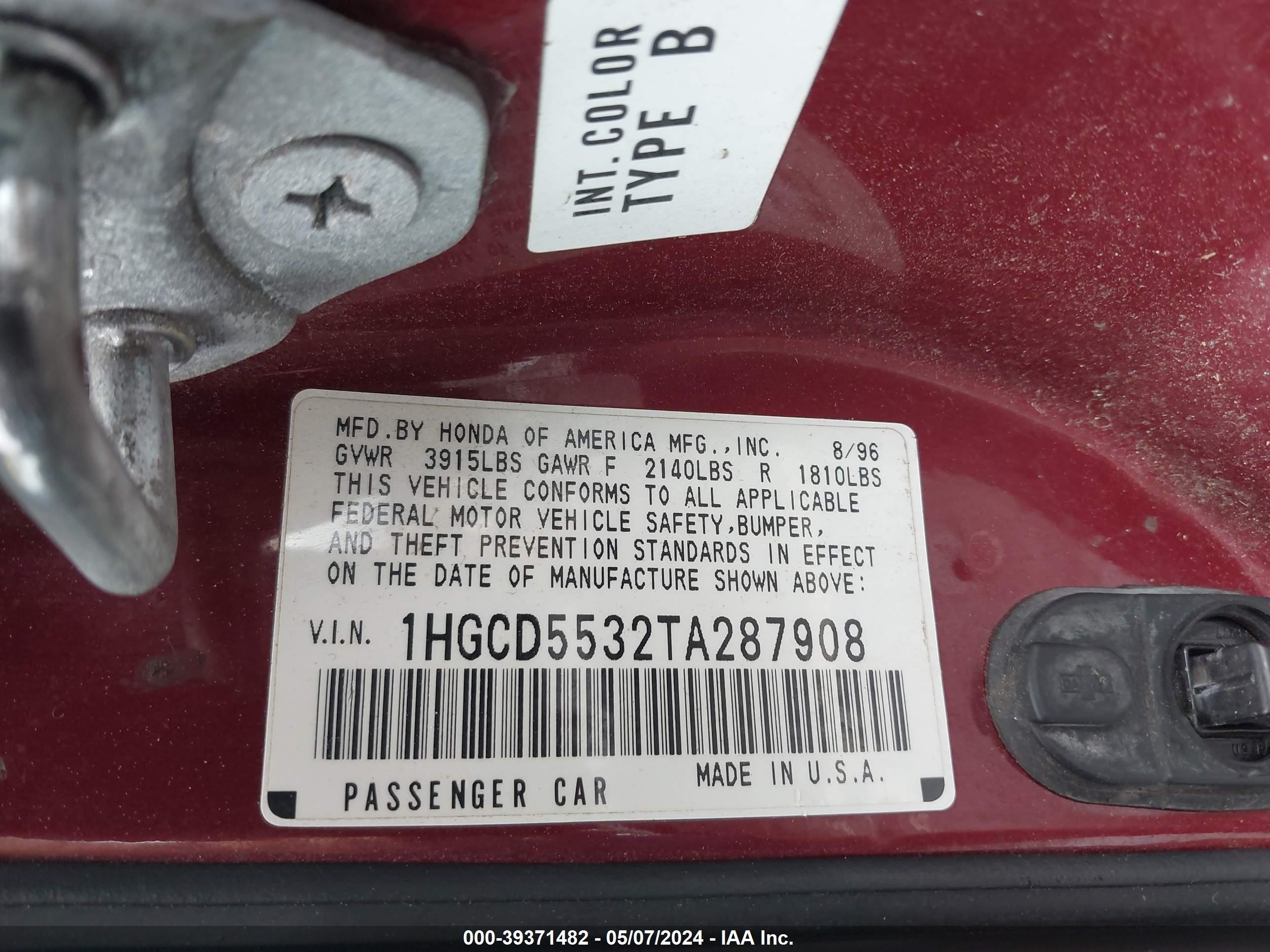 Photo 8 VIN: 1HGCD5532TA287908 - HONDA ACCORD 