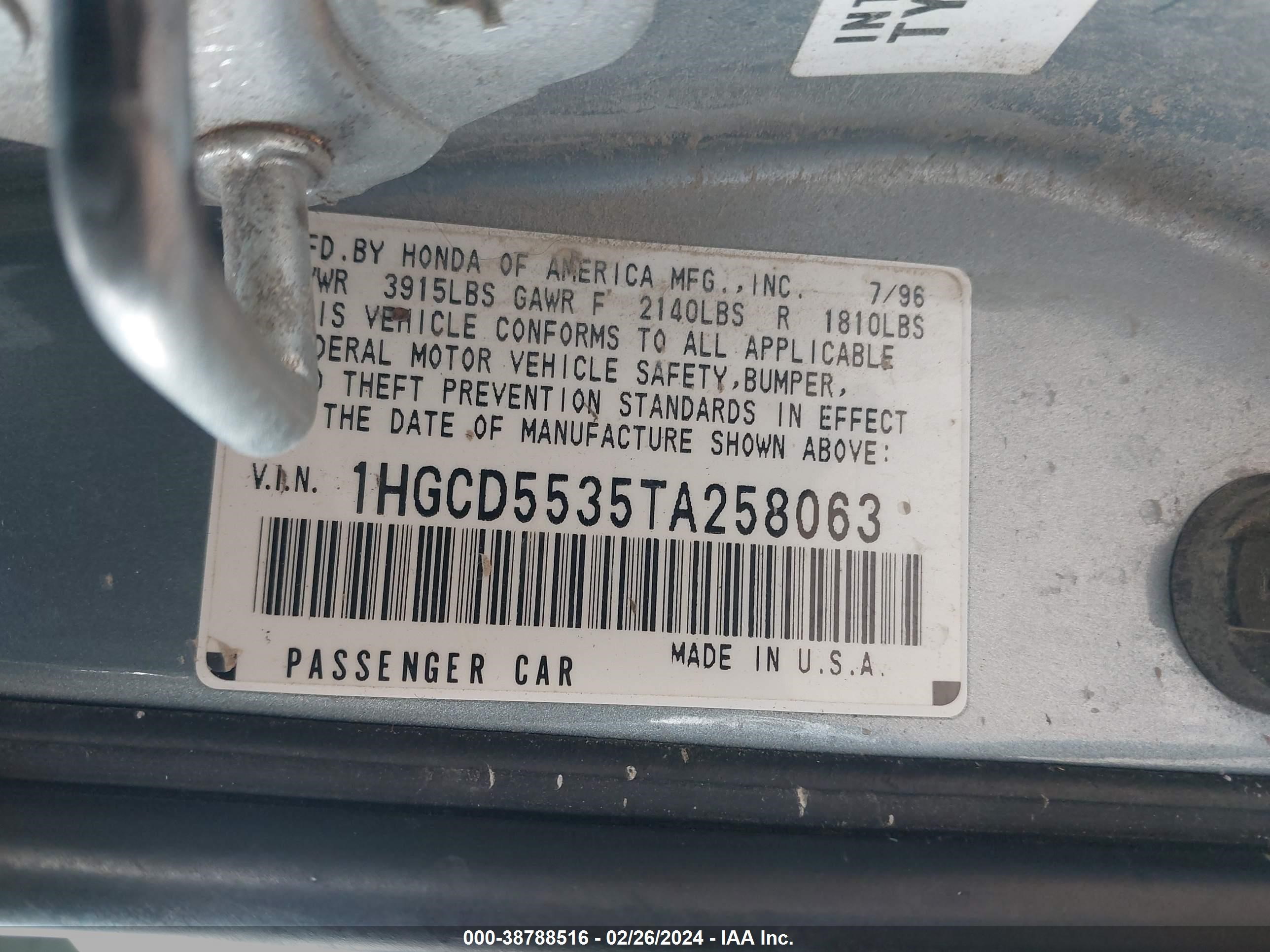 Photo 8 VIN: 1HGCD5535TA258063 - HONDA ACCORD 