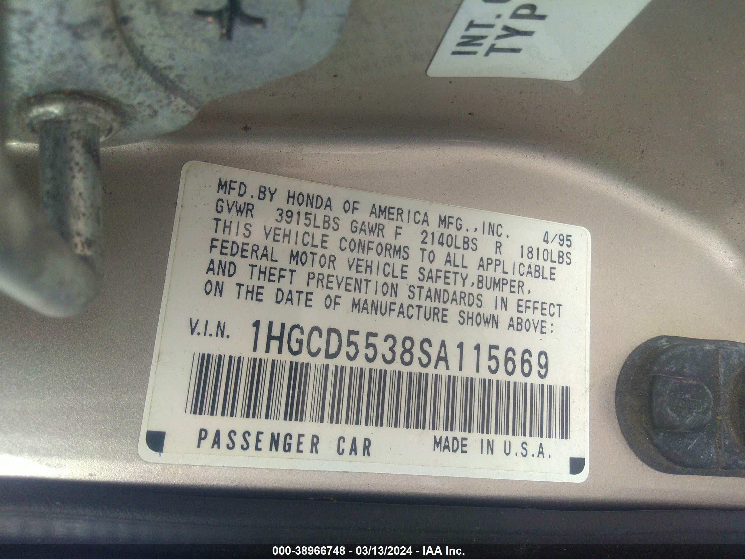 Photo 8 VIN: 1HGCD5538SA115669 - HONDA ACCORD 