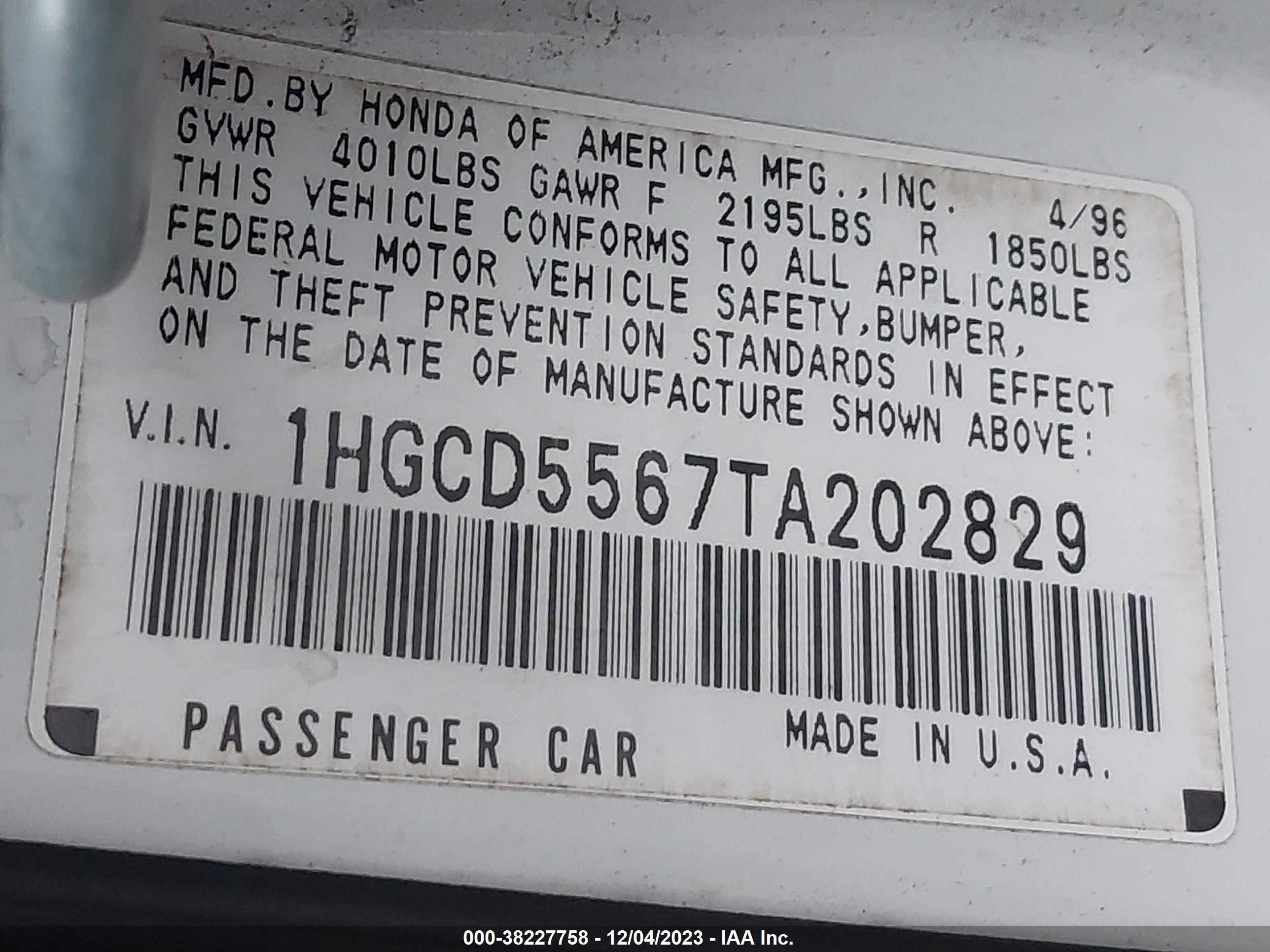 Photo 8 VIN: 1HGCD5567TA202829 - HONDA ACCORD 