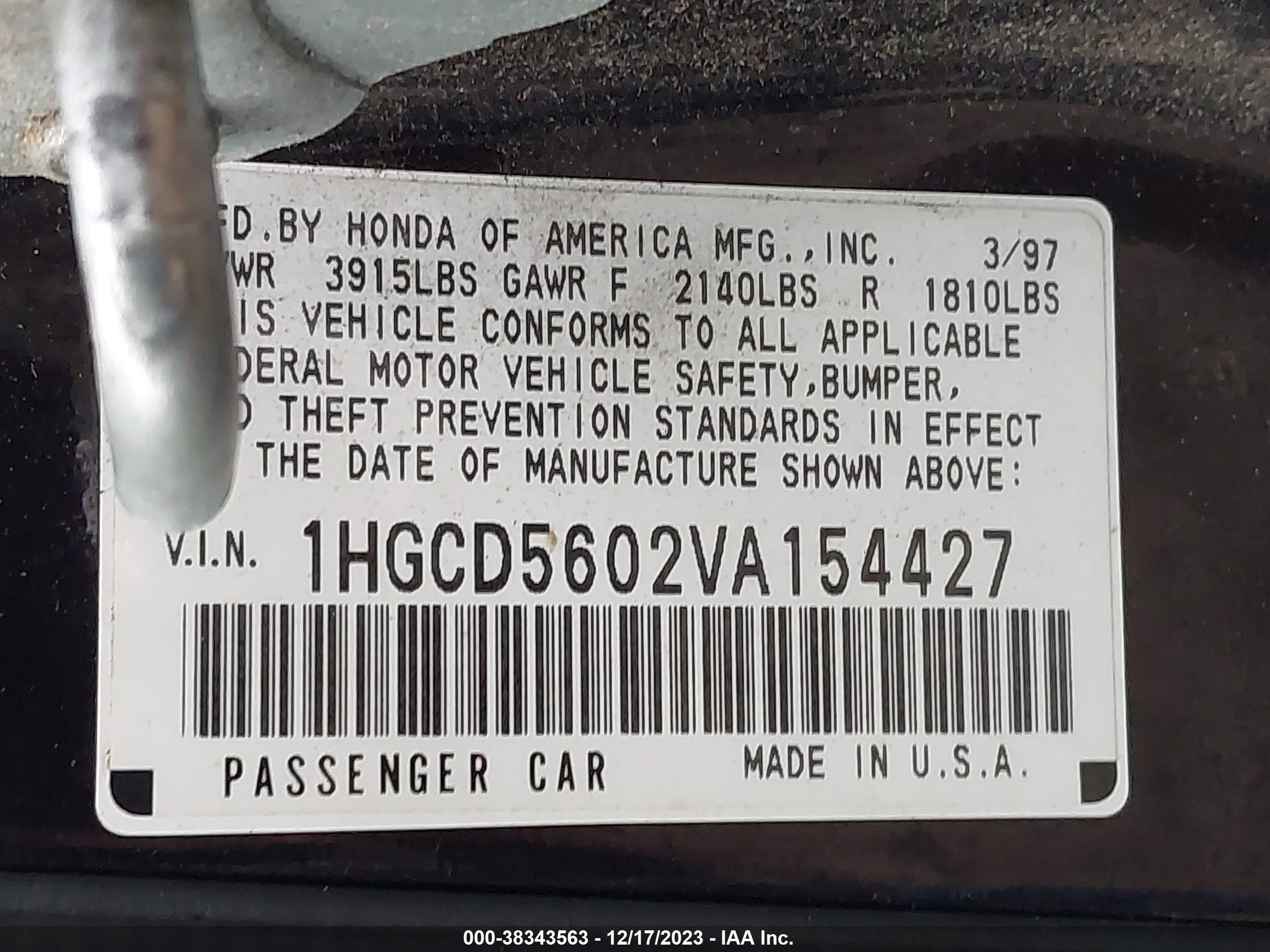 Photo 8 VIN: 1HGCD5602VA154427 - HONDA ACCORD 