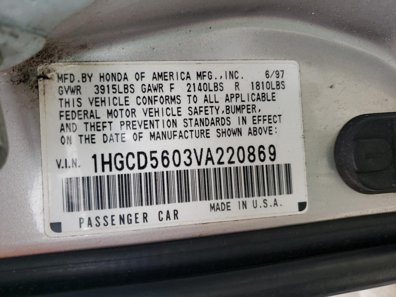 Photo 9 VIN: 1HGCD5603VA220869 - HONDA ACCORD SE 