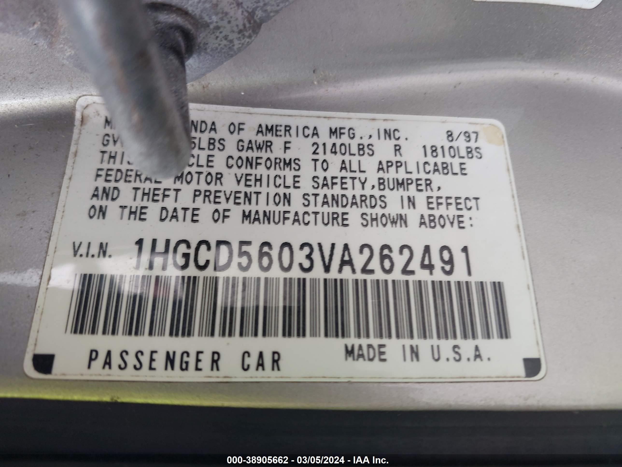 Photo 8 VIN: 1HGCD5603VA262491 - HONDA ACCORD 