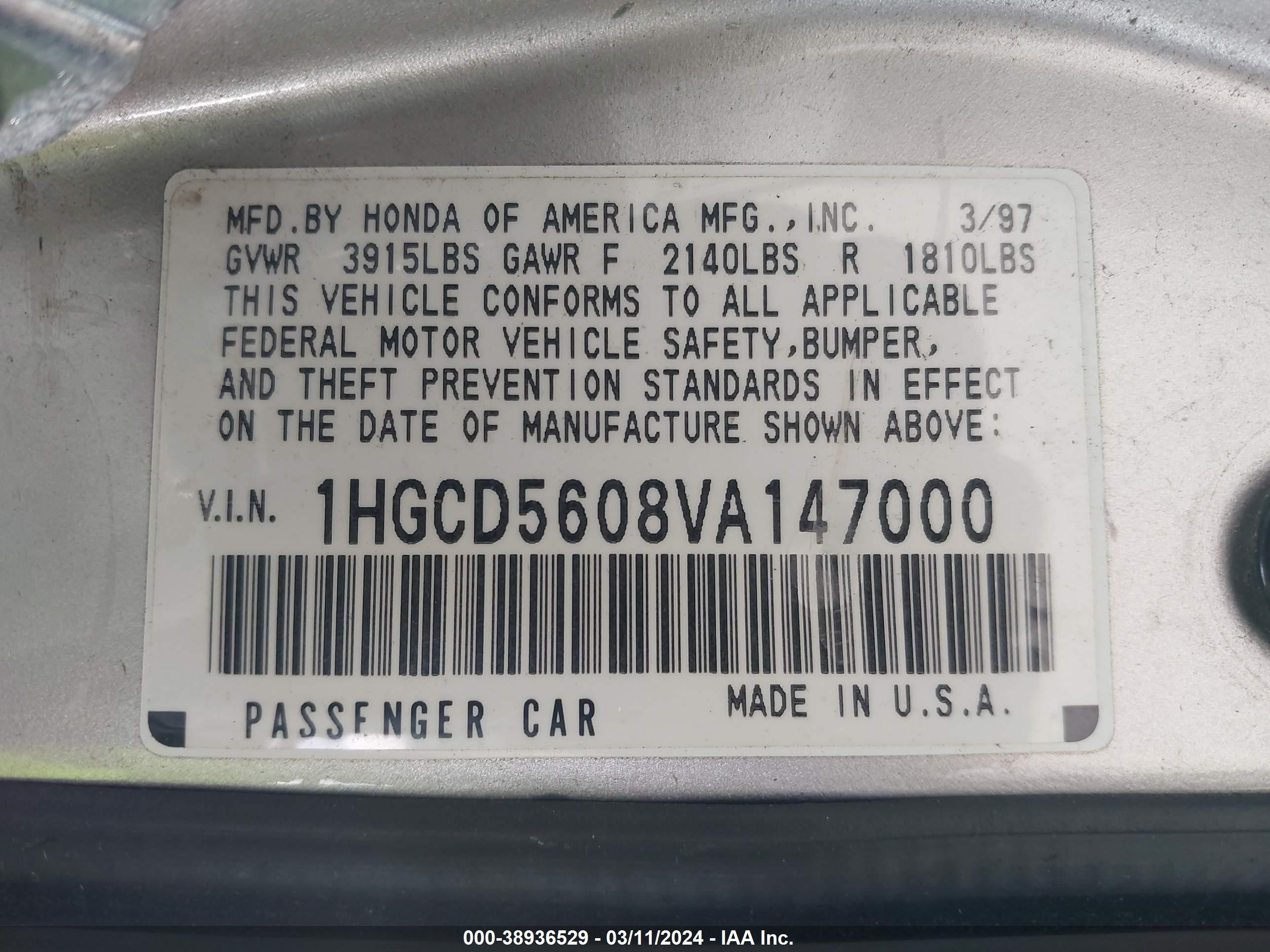 Photo 8 VIN: 1HGCD5608VA147000 - HONDA ACCORD 