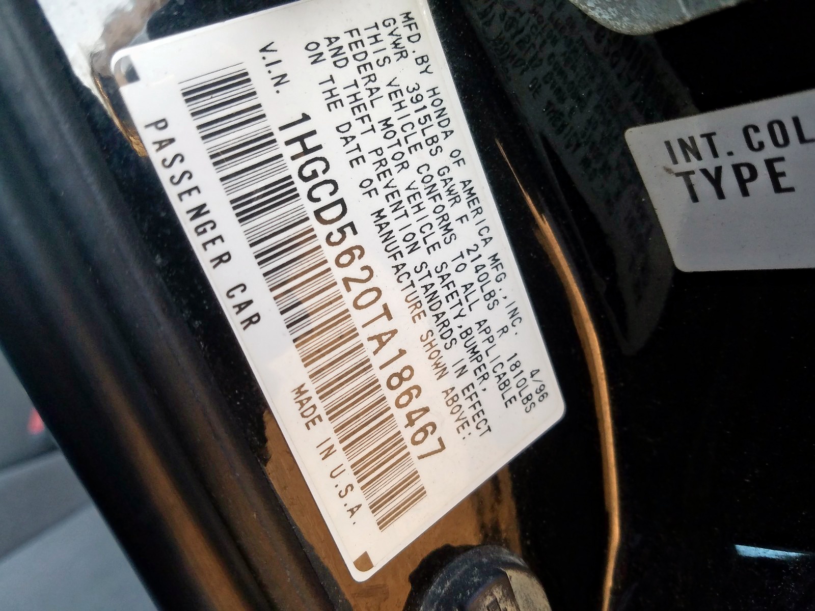 Photo 9 VIN: 1HGCD5620TA186467 - HONDA ACCORD DX 