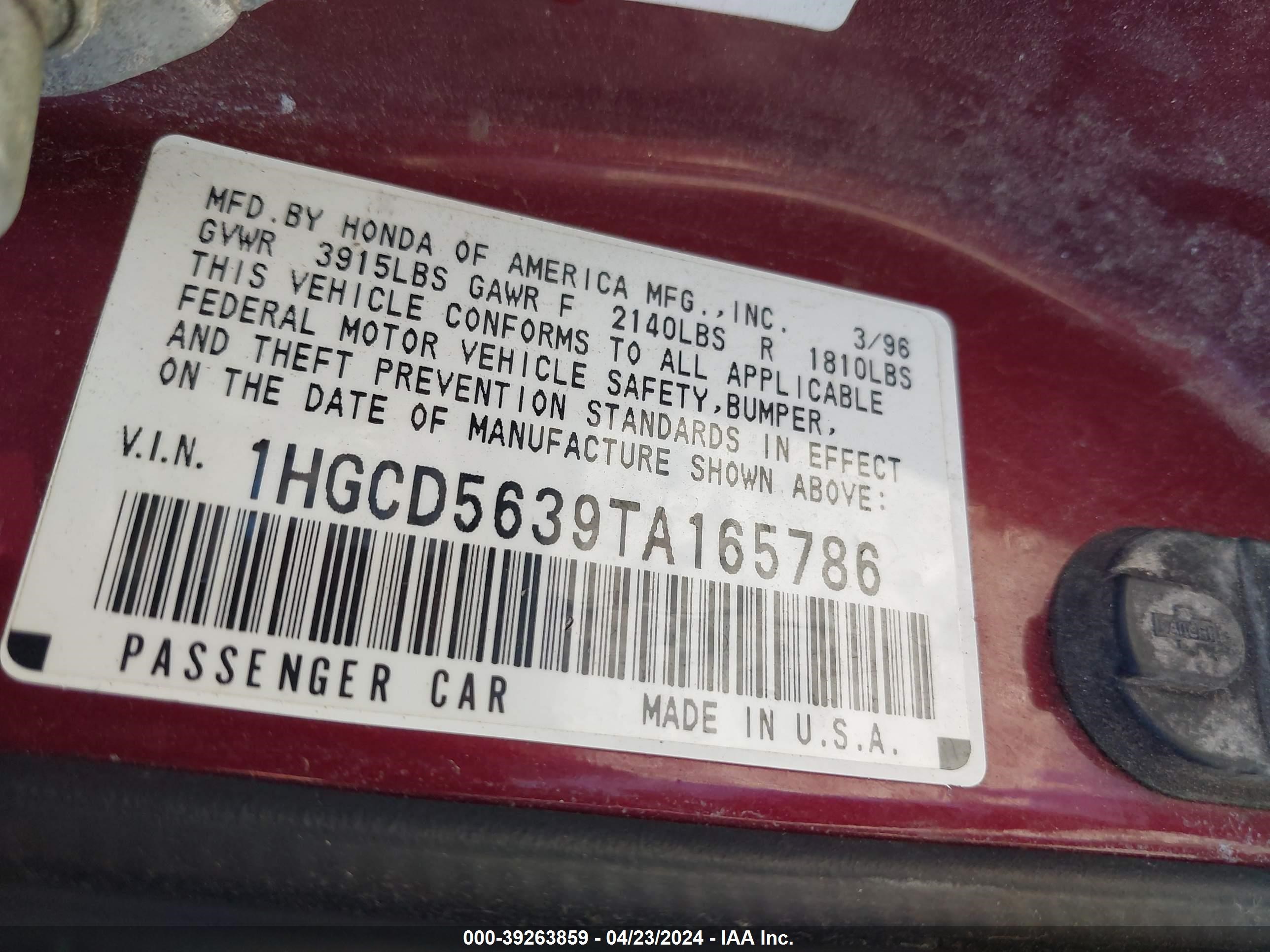 Photo 8 VIN: 1HGCD5639TA165786 - HONDA ACCORD 