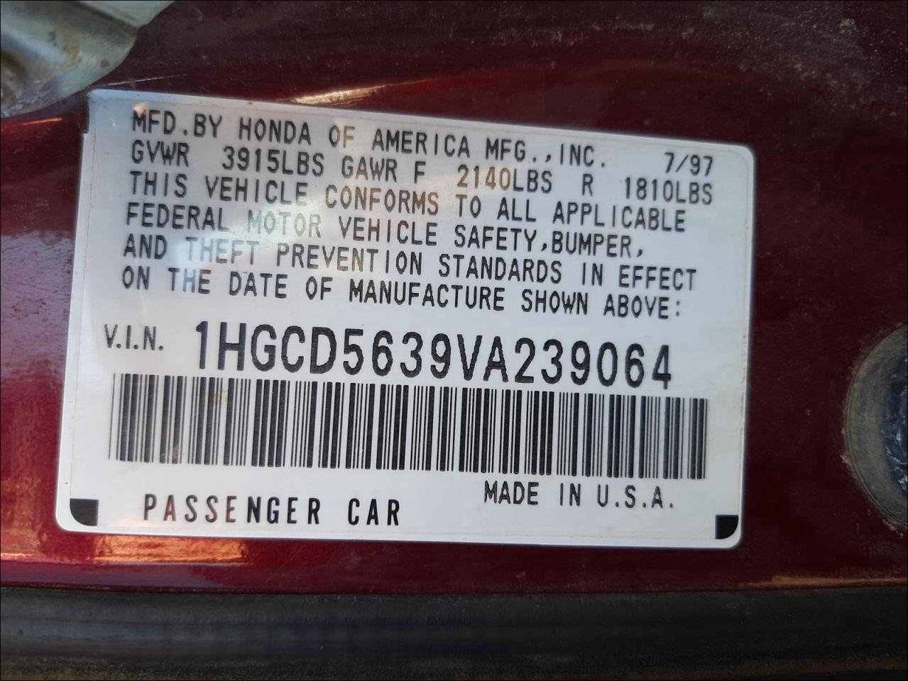 Photo 9 VIN: 1HGCD5639VA239064 - HONDA ACCORD LX 