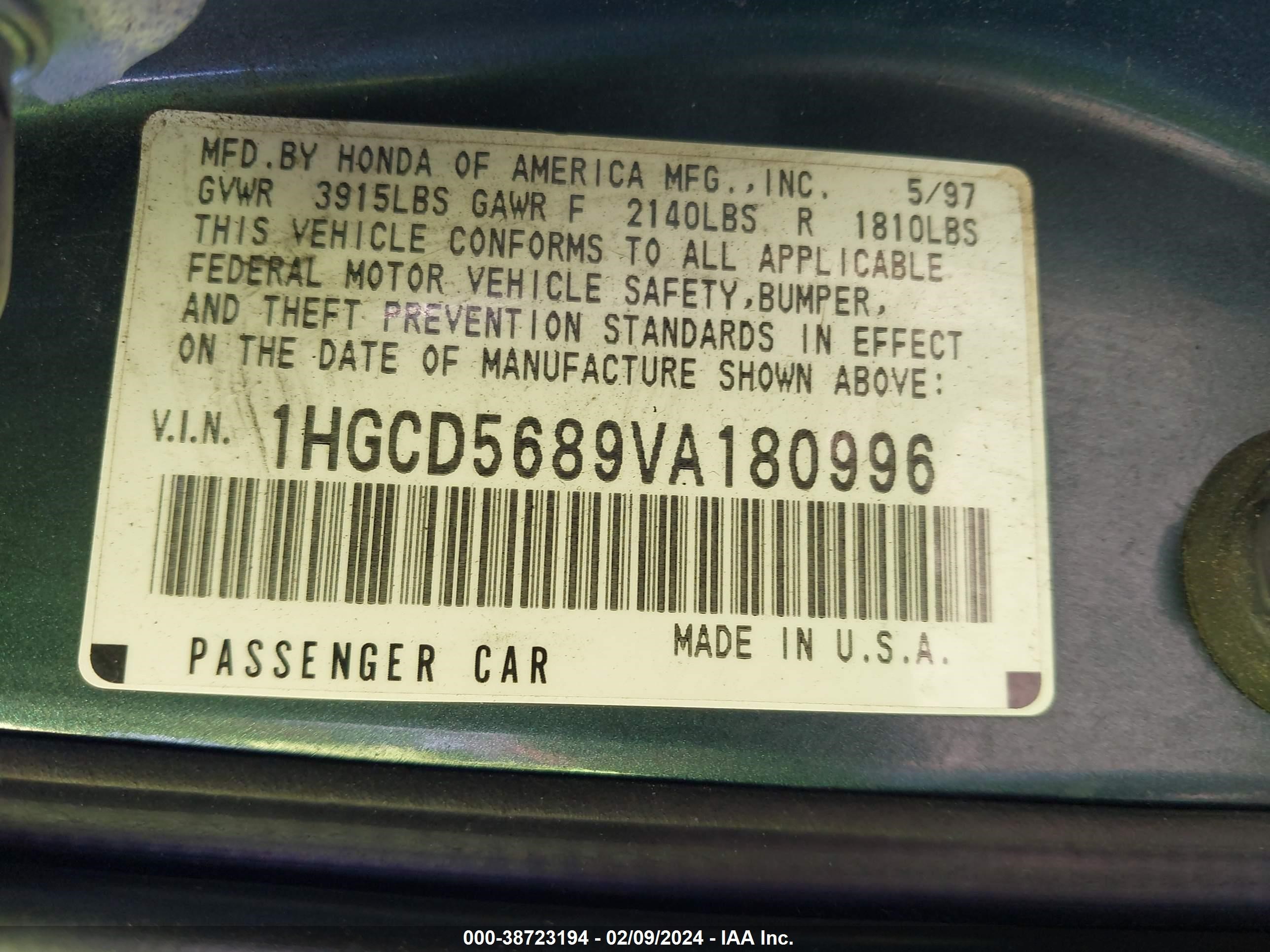 Photo 8 VIN: 1HGCD5689VA180996 - HONDA ACCORD 