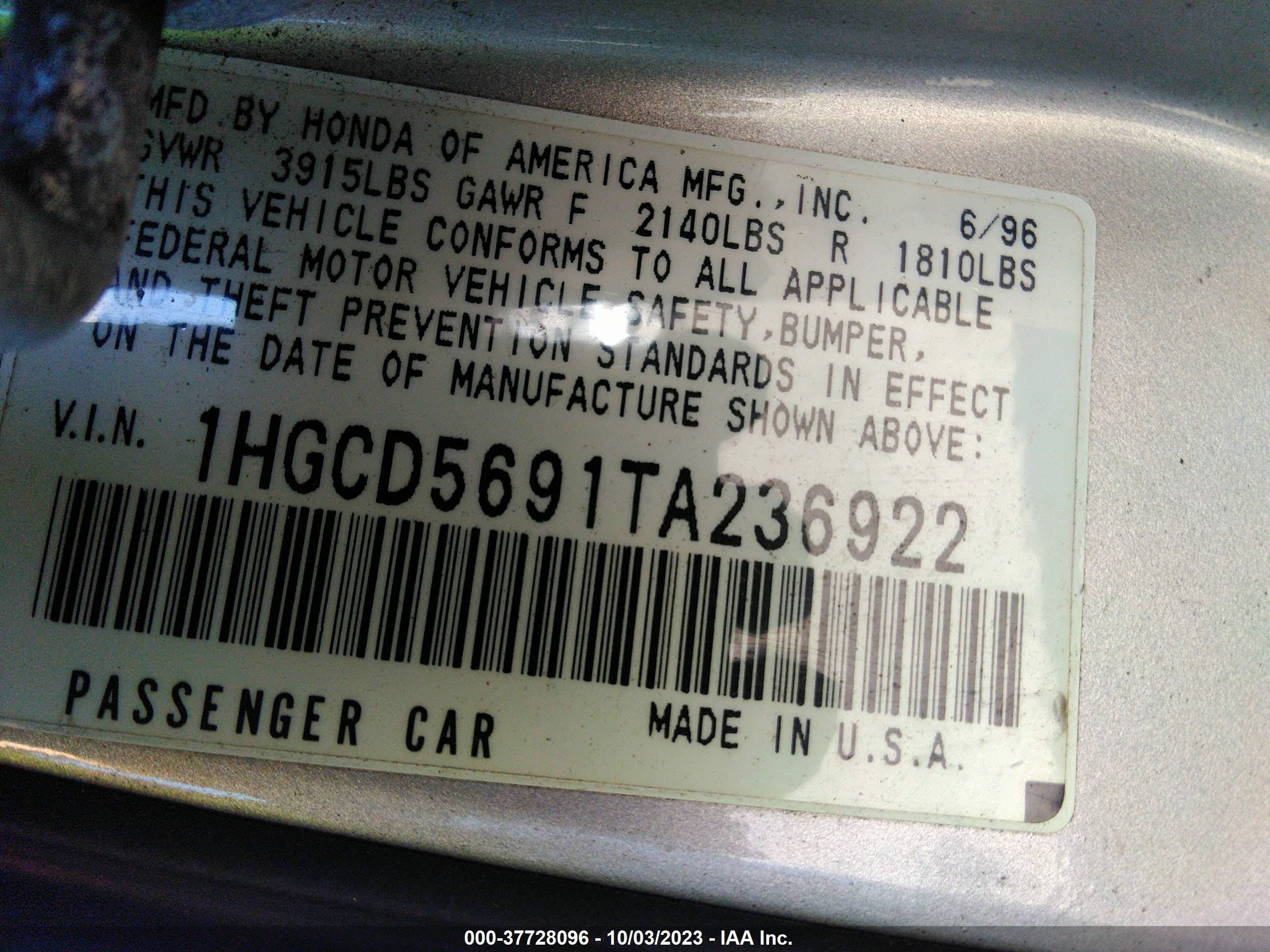 Photo 8 VIN: 1HGCD5691TA236922 - HONDA ACCORD 