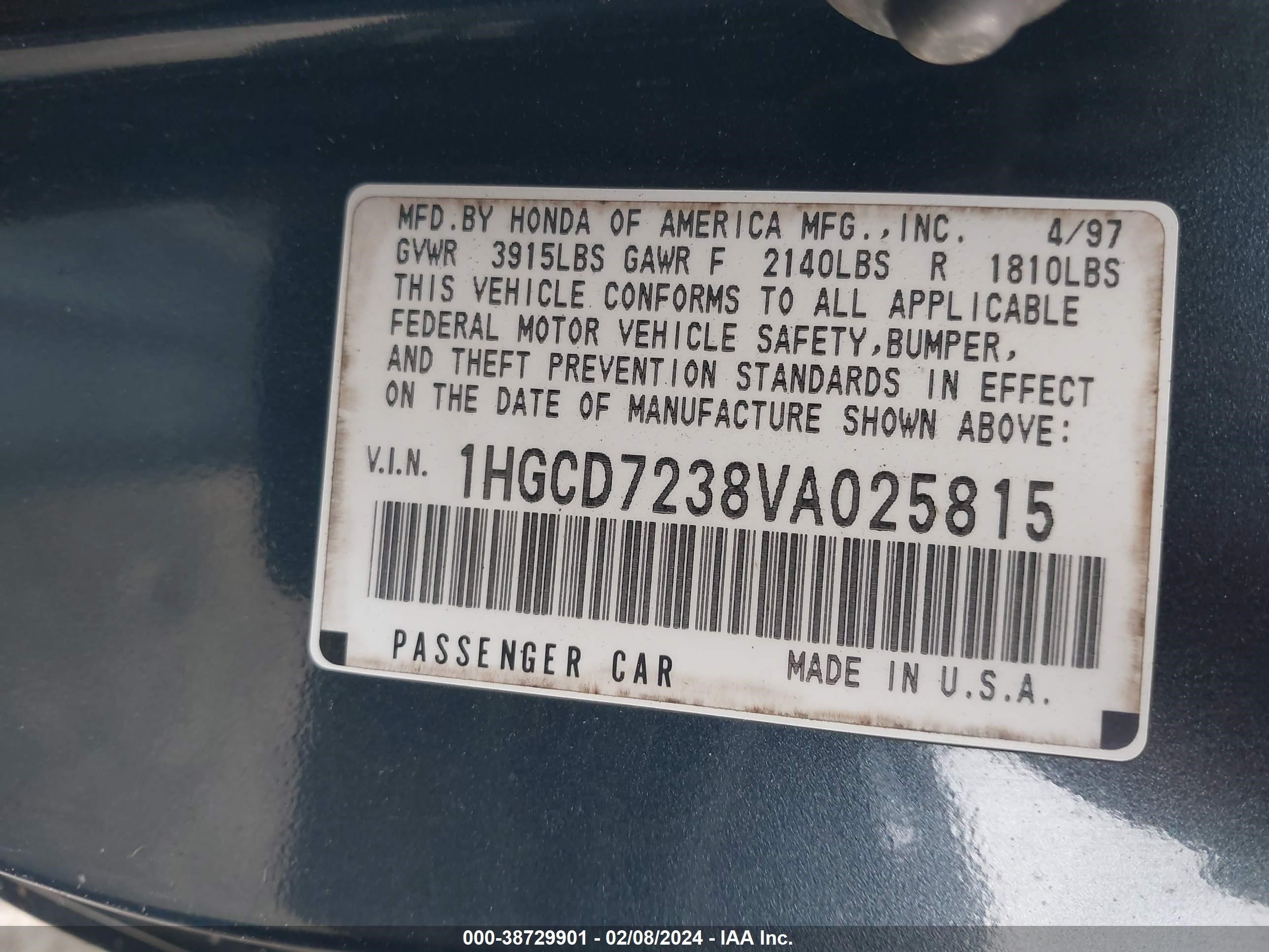 Photo 8 VIN: 1HGCD7238VA025815 - HONDA ACCORD 