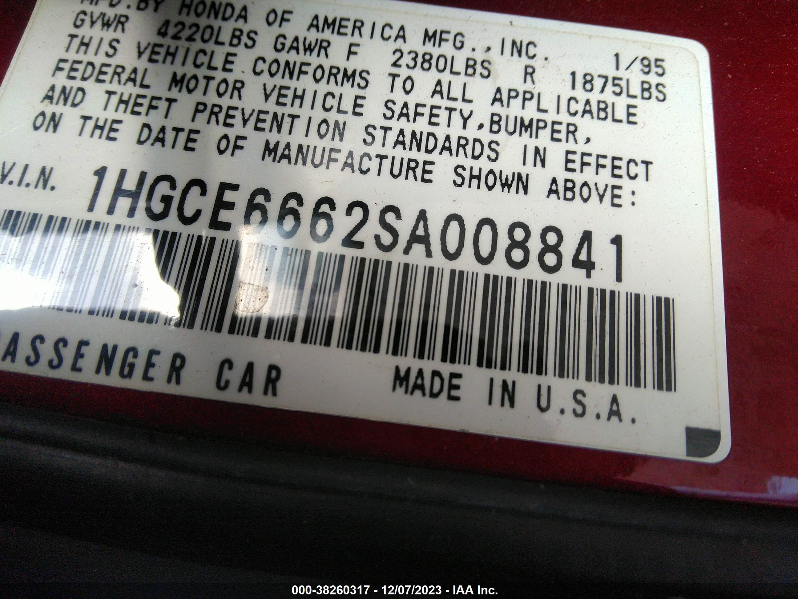 Photo 8 VIN: 1HGCE6662SA008841 - HONDA ACCORD 