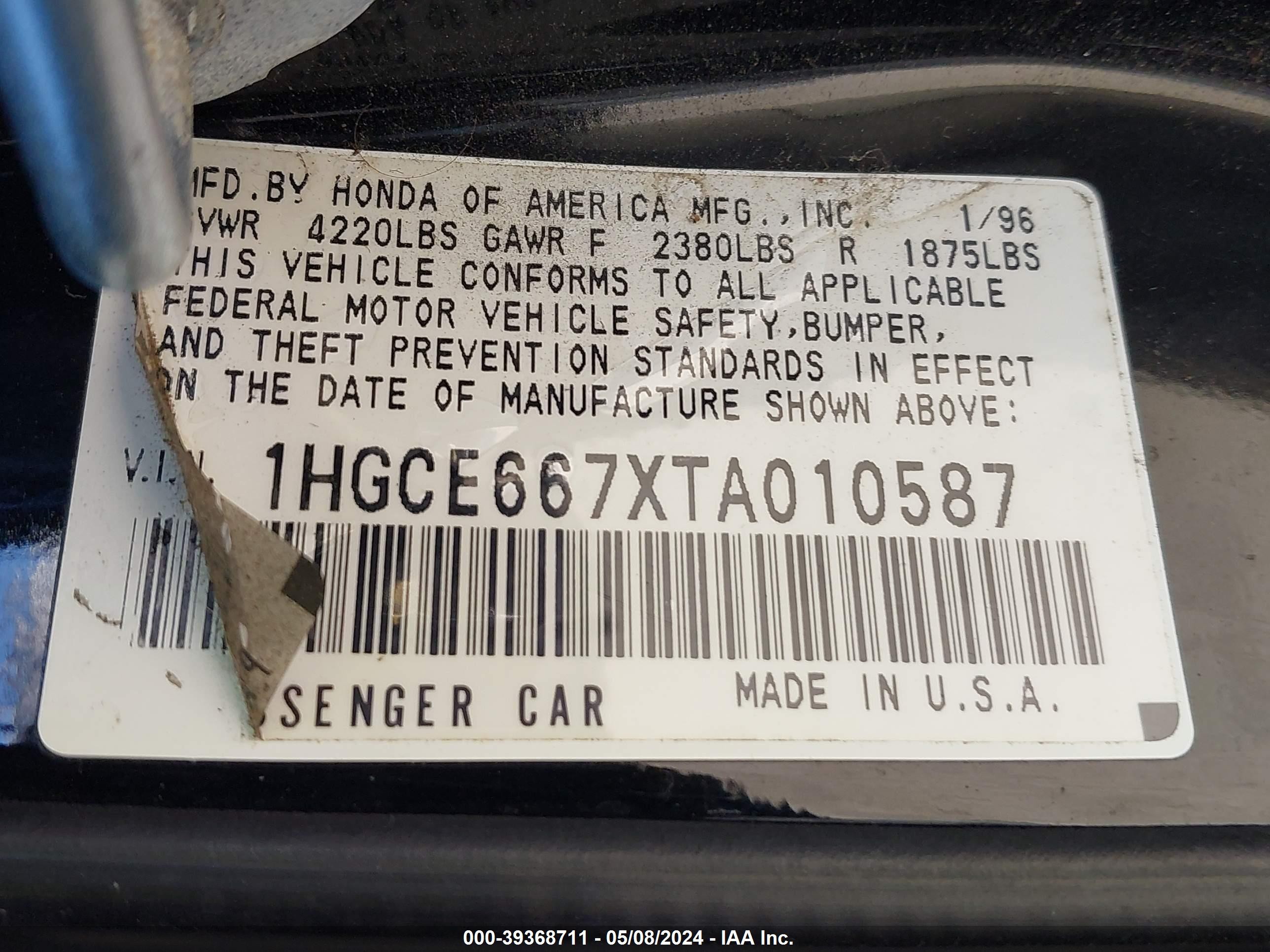 Photo 8 VIN: 1HGCE667XTA010587 - HONDA ACCORD 