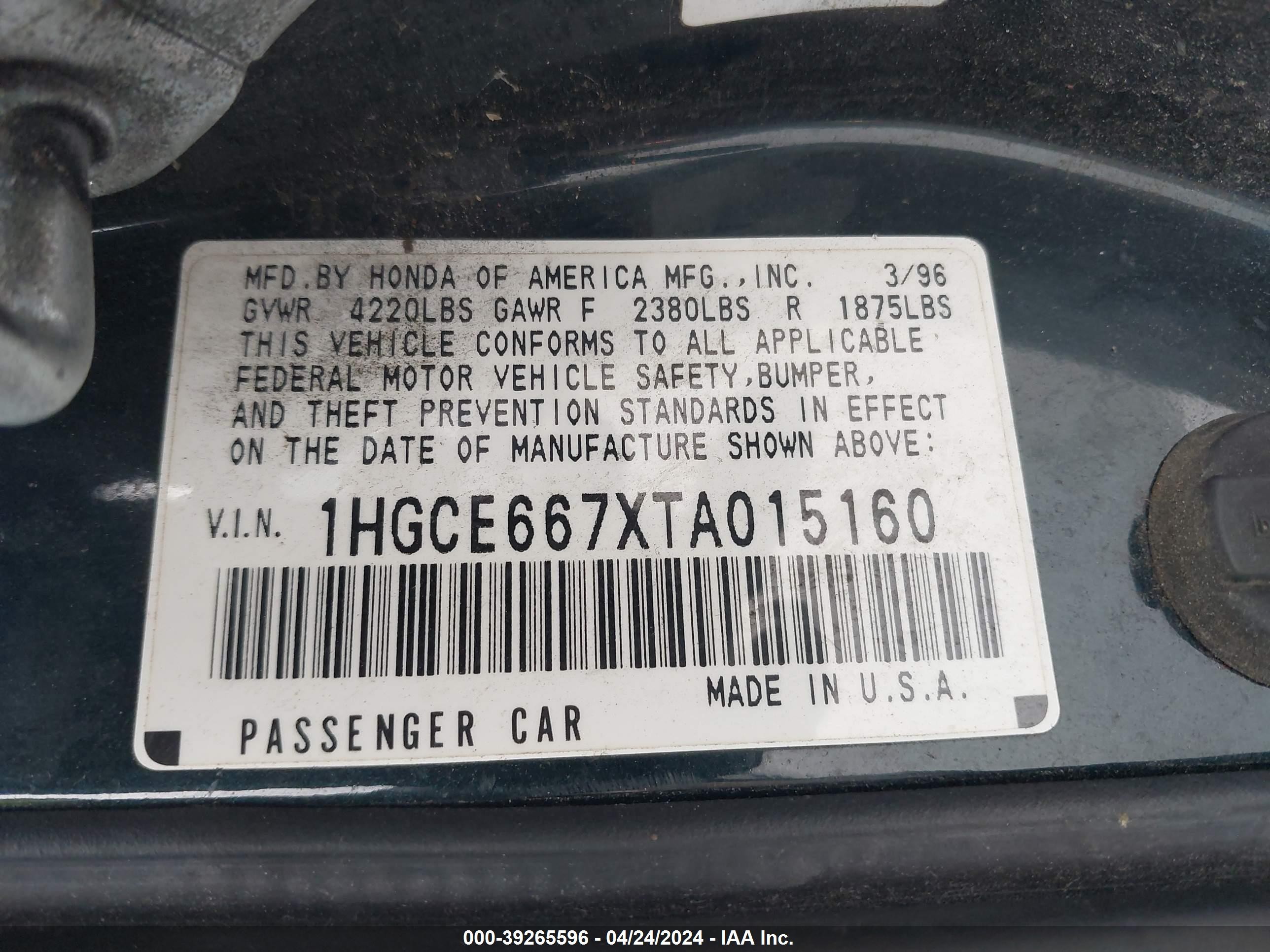 Photo 8 VIN: 1HGCE667XTA015160 - HONDA ACCORD 