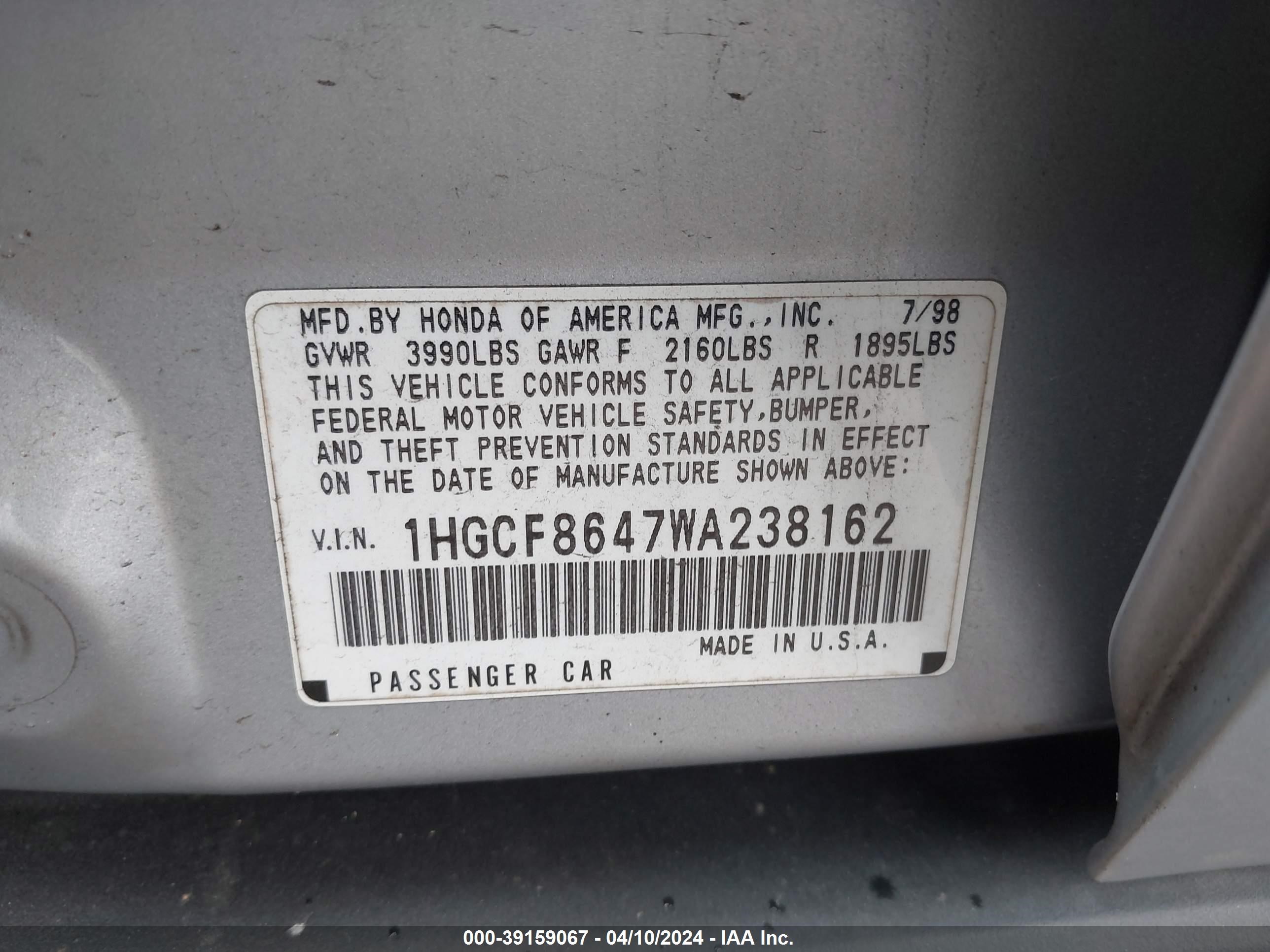 Photo 8 VIN: 1HGCF8647WA238162 - HONDA ACCORD 