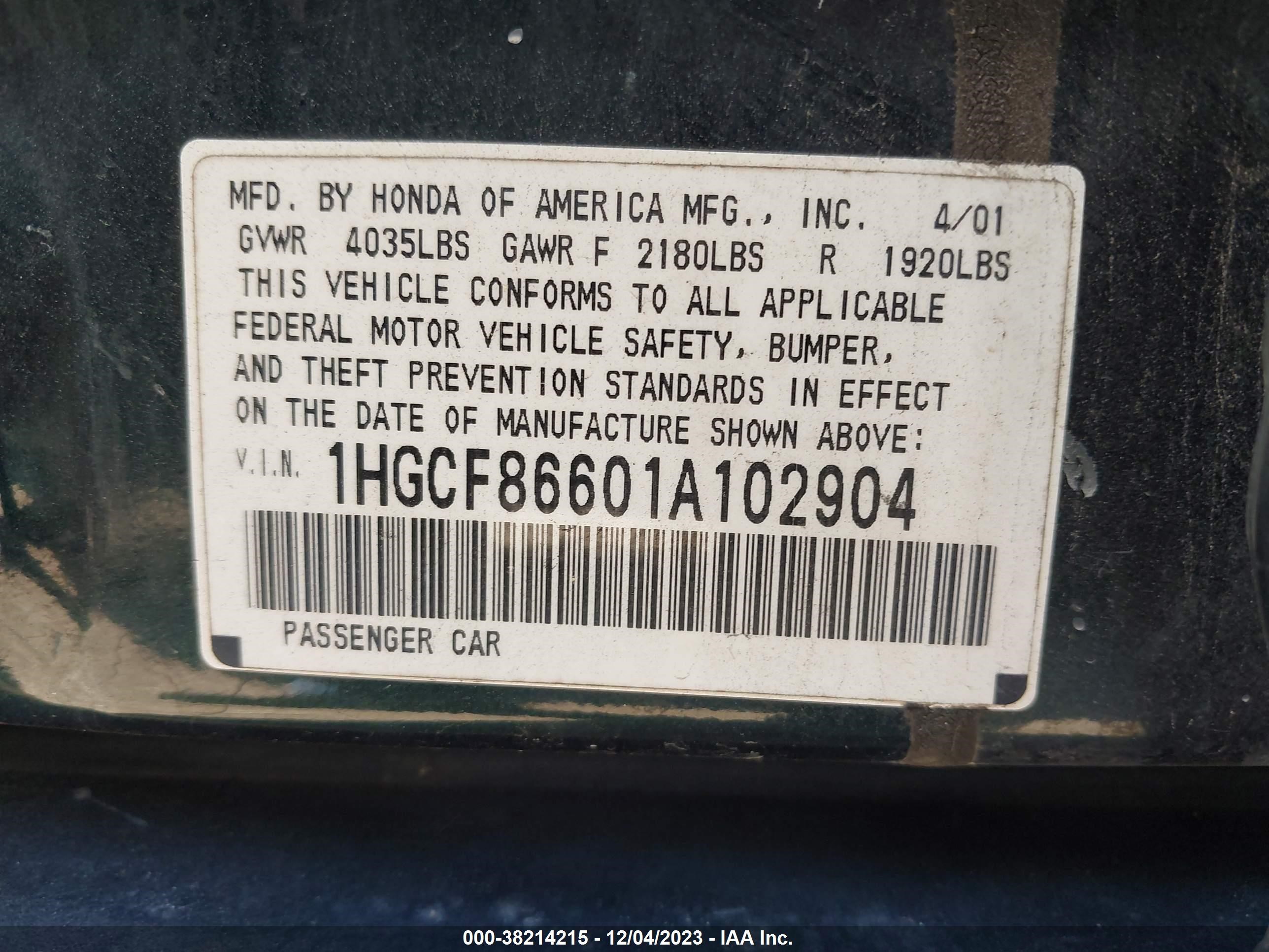 Photo 8 VIN: 1HGCF86601A102904 - HONDA ACCORD 