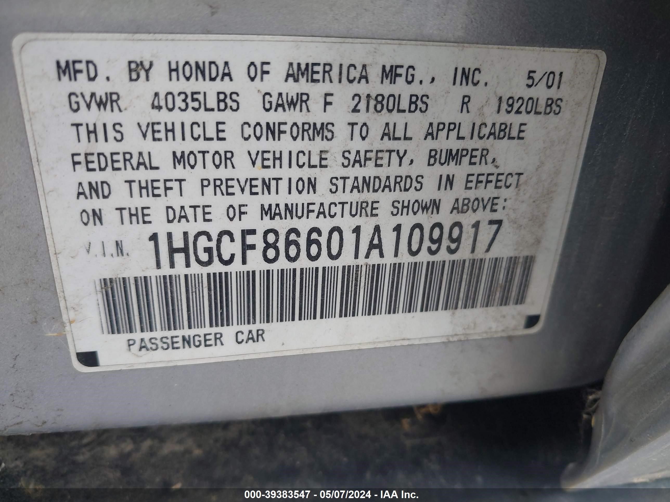 Photo 8 VIN: 1HGCF86601A109917 - HONDA ACCORD 