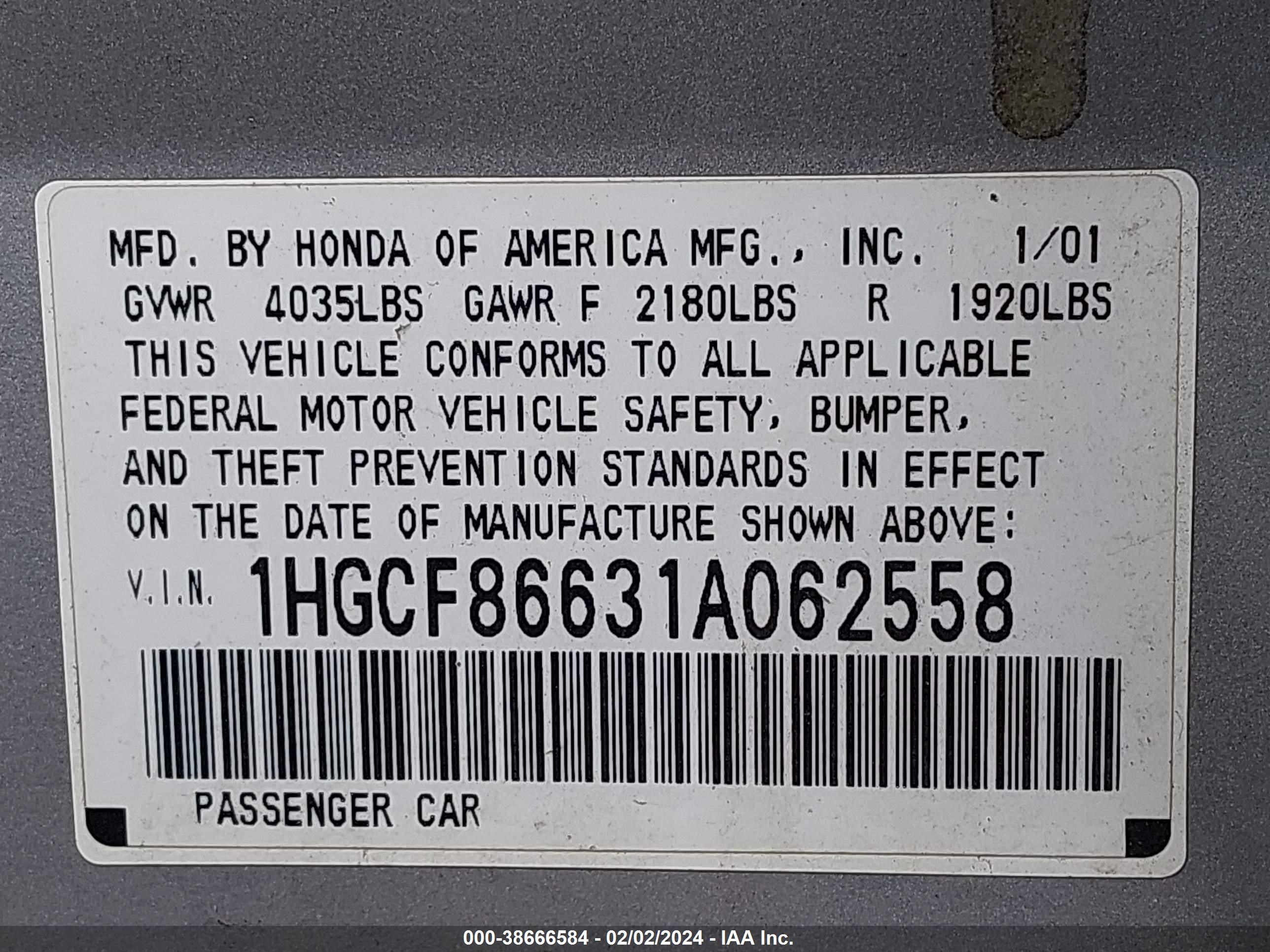 Photo 8 VIN: 1HGCF86631A062558 - HONDA ACCORD 