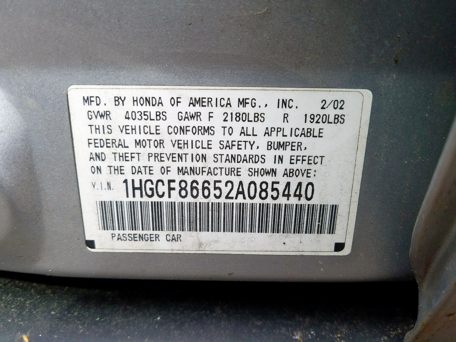 Photo 9 VIN: 1HGCF86652A085440 - HONDA ACCORD VAL 