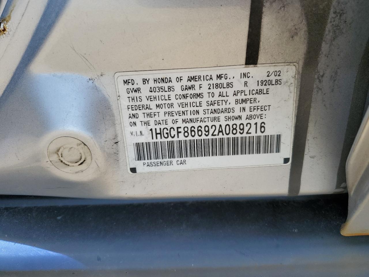 Photo 11 VIN: 1HGCF86692A089216 - HONDA ACCORD 