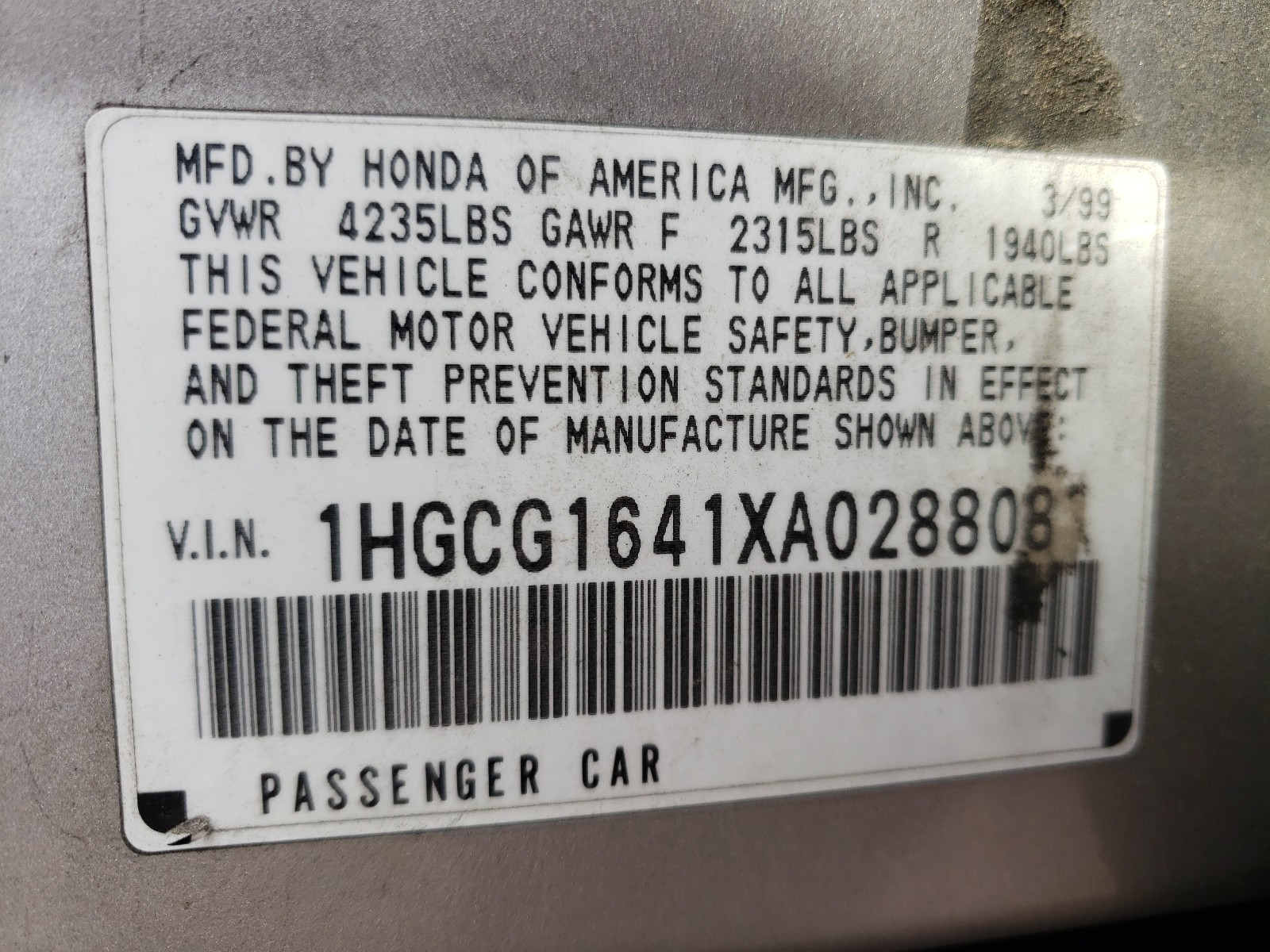 Photo 9 VIN: 1HGCG1641XA028808 - HONDA ACCORD LX 