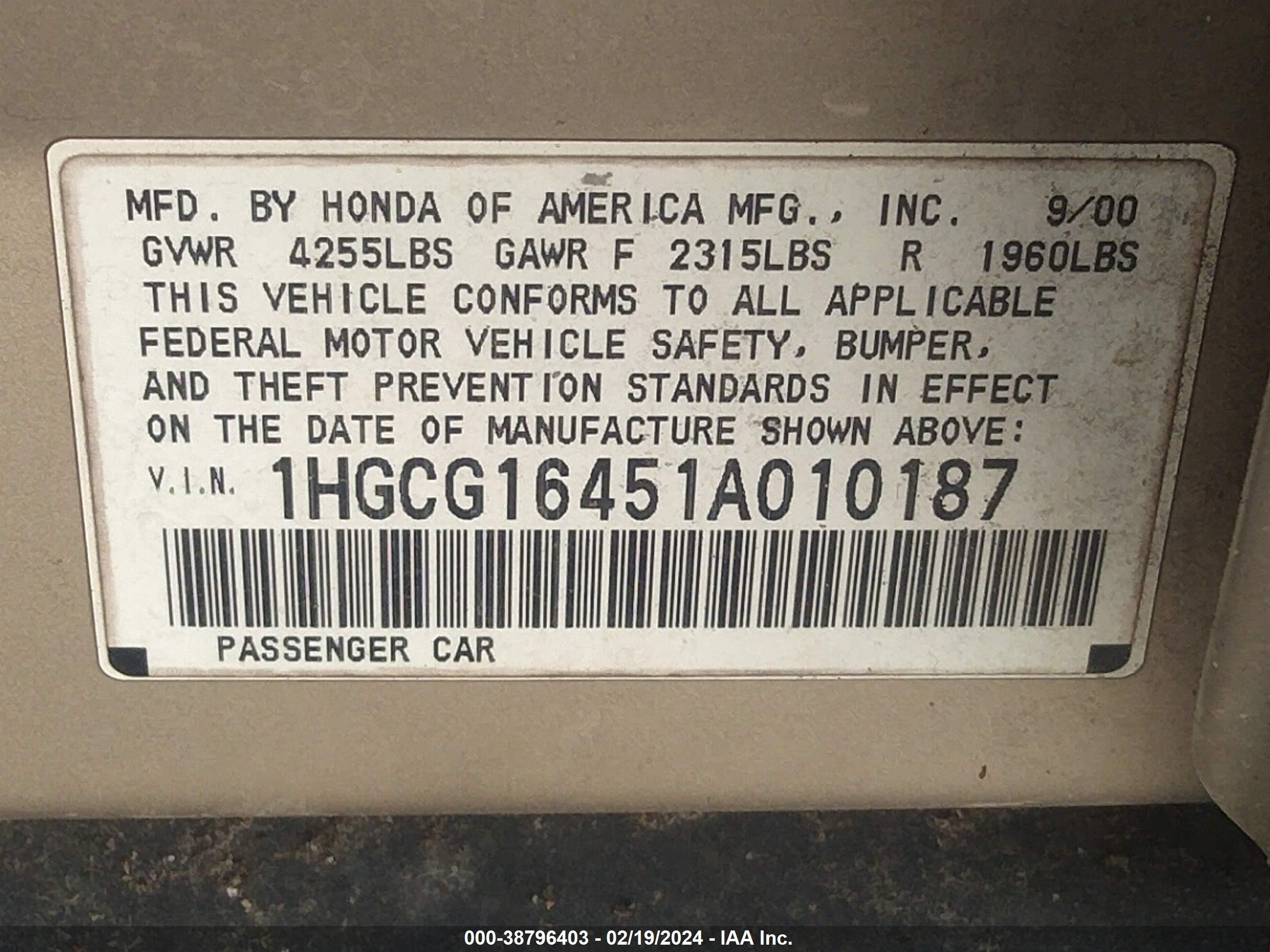 Photo 8 VIN: 1HGCG16451A010187 - HONDA ACCORD 