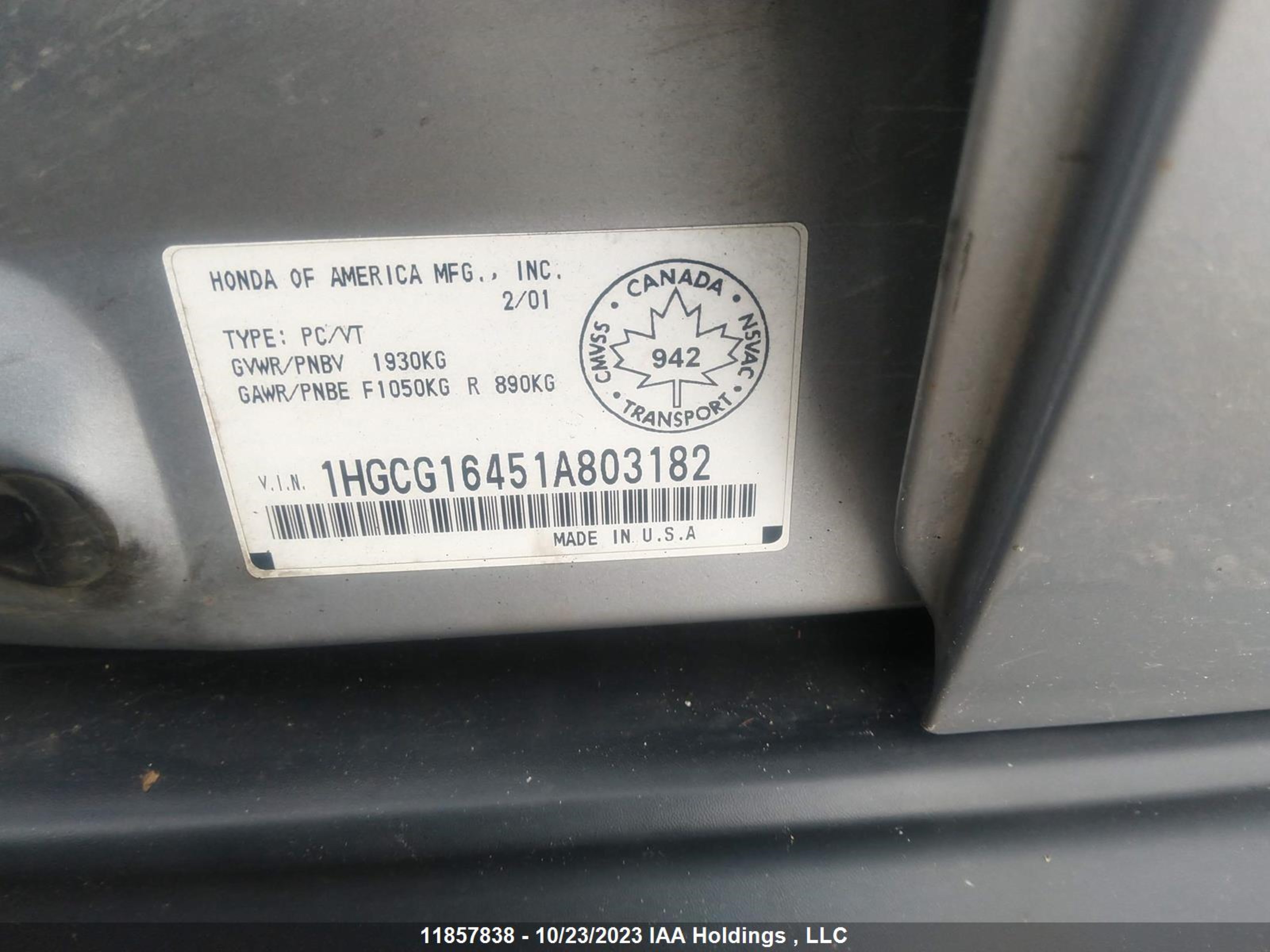 Photo 8 VIN: 1HGCG16451A803182 - HONDA ACCORD 