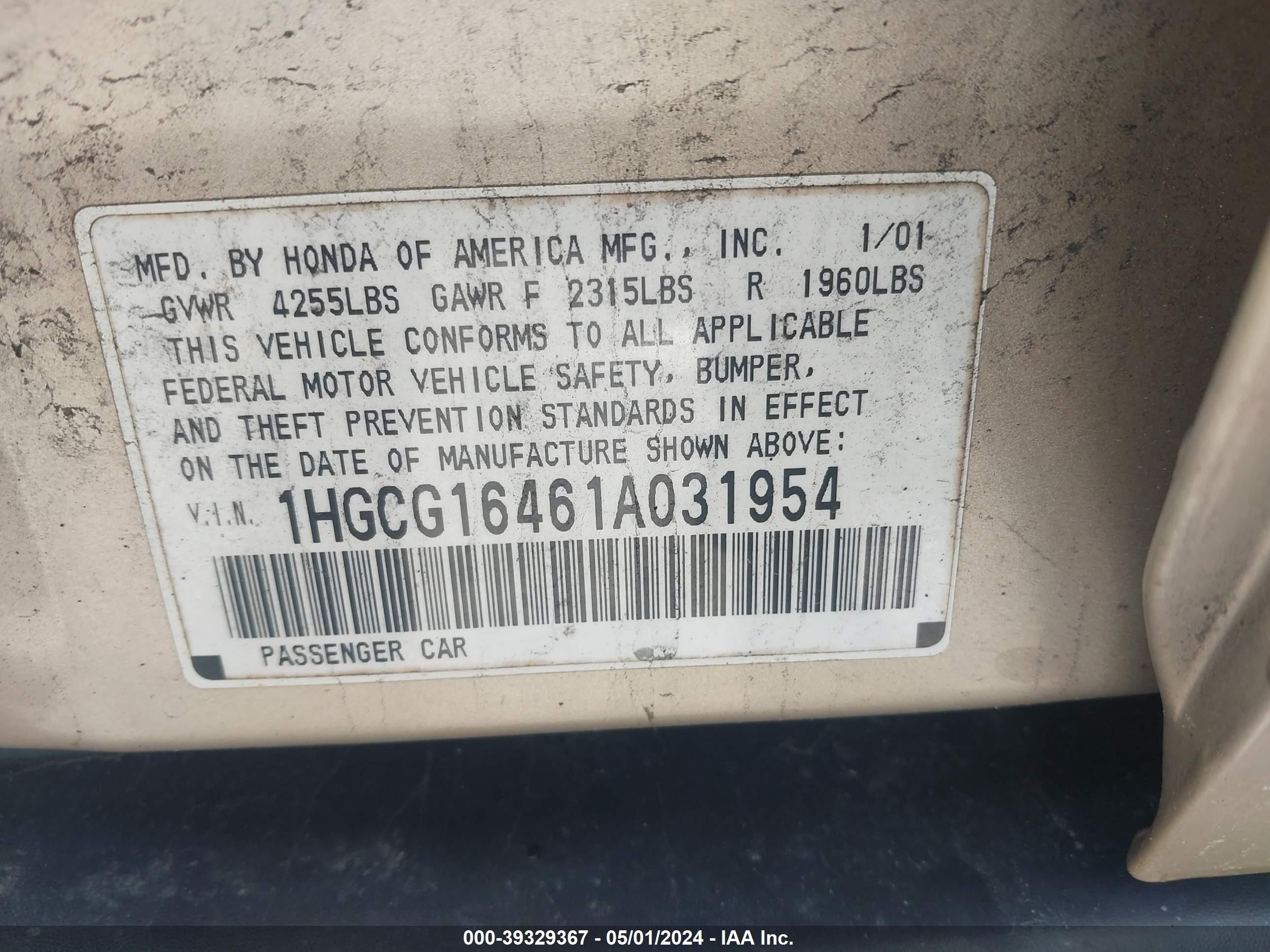 Photo 8 VIN: 1HGCG16461A031954 - HONDA ACCORD 