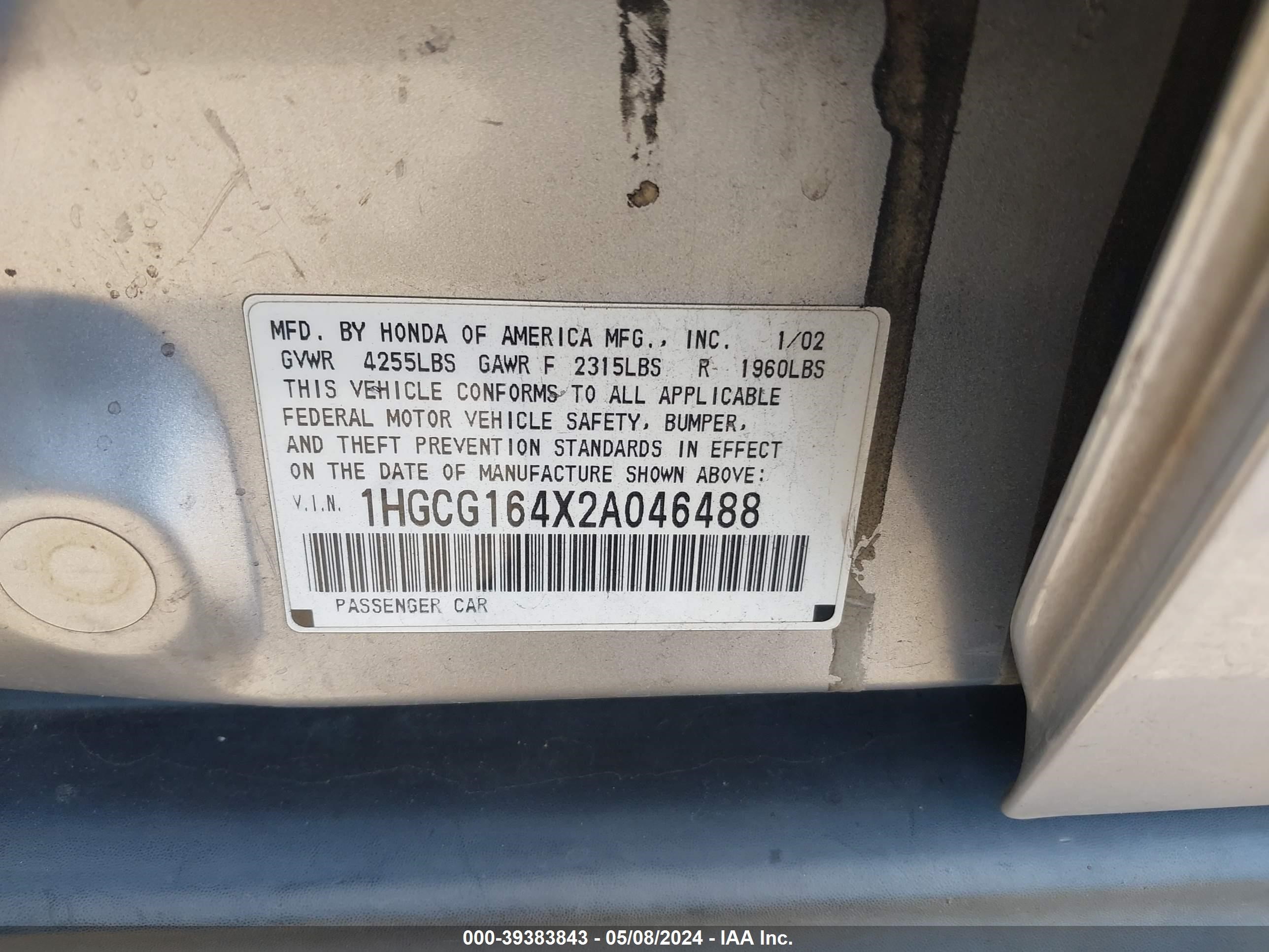 Photo 8 VIN: 1HGCG164X2A046488 - HONDA ACCORD 