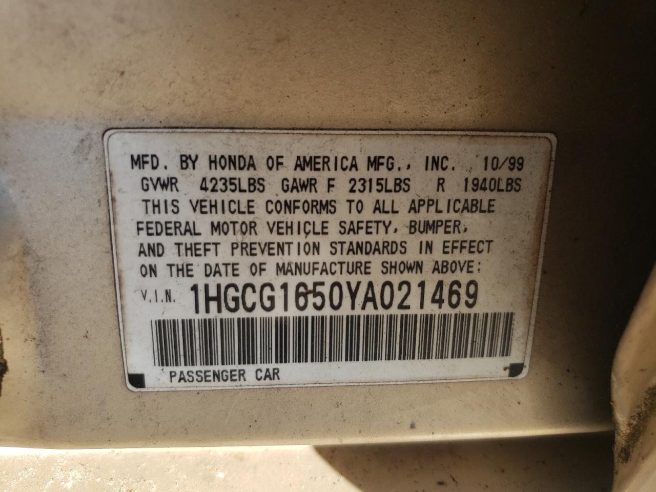 Photo 11 VIN: 1HGCG1650YA021469 - HONDA ACCORD 