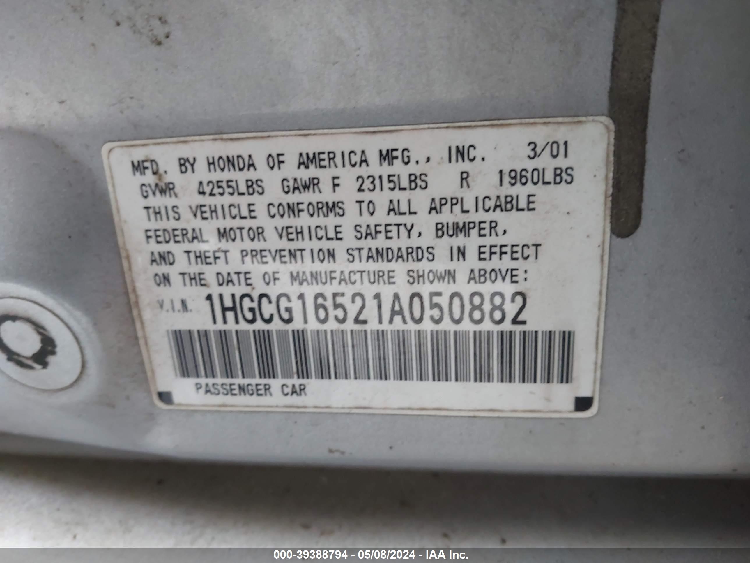 Photo 8 VIN: 1HGCG16521A050882 - HONDA ACCORD 