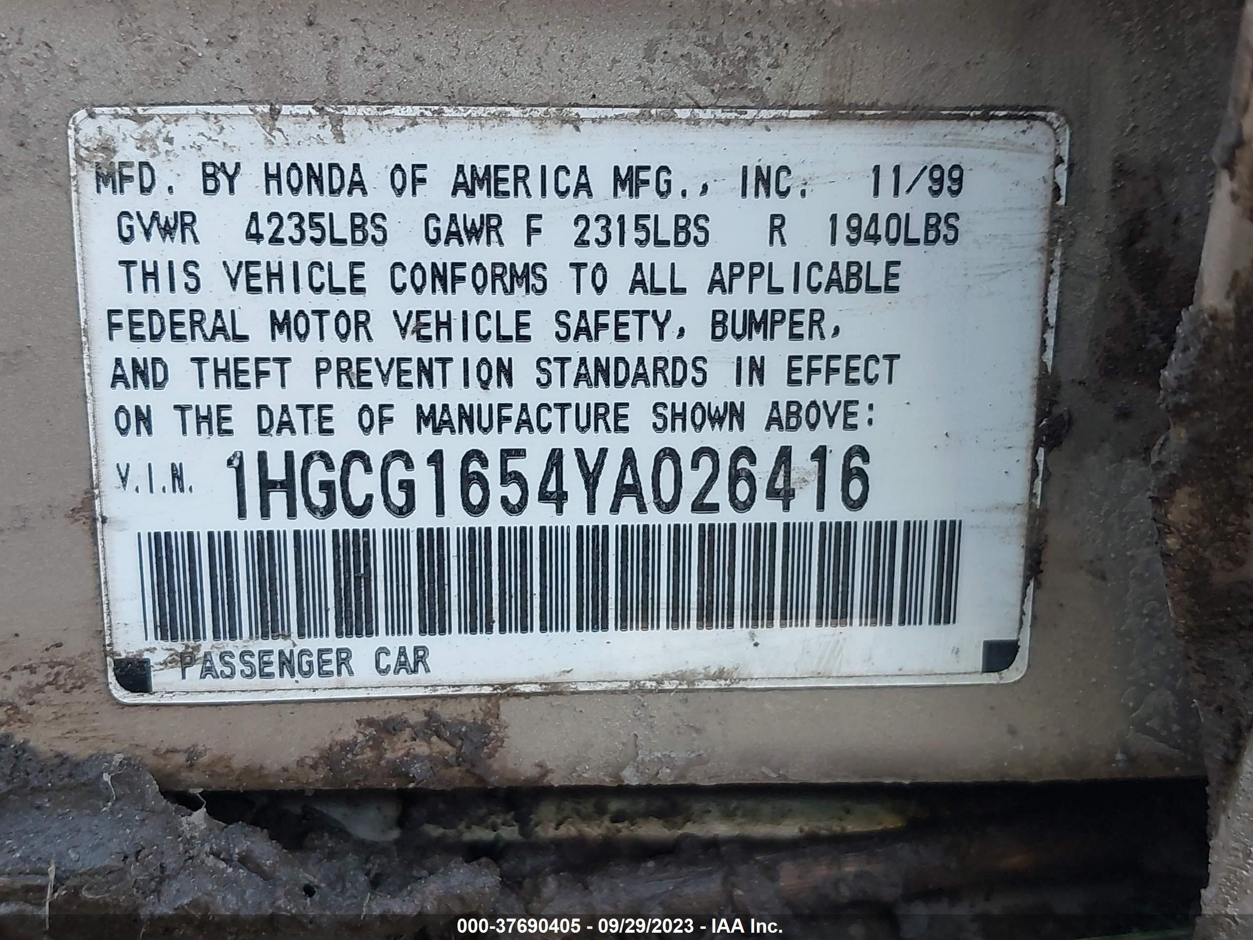 Photo 8 VIN: 1HGCG1654YA026416 - HONDA ACCORD 