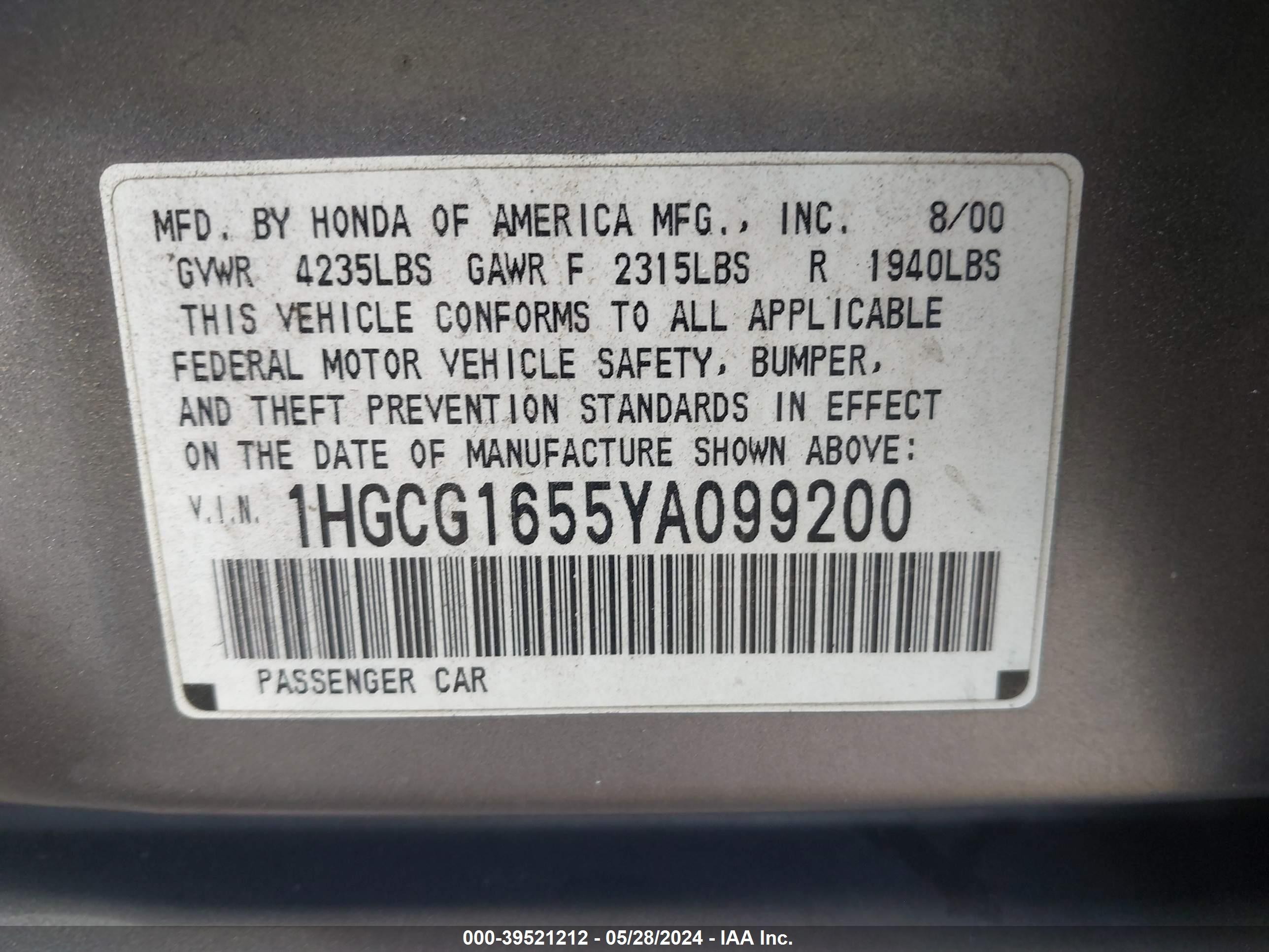 Photo 8 VIN: 1HGCG1655YA099200 - HONDA ACCORD 