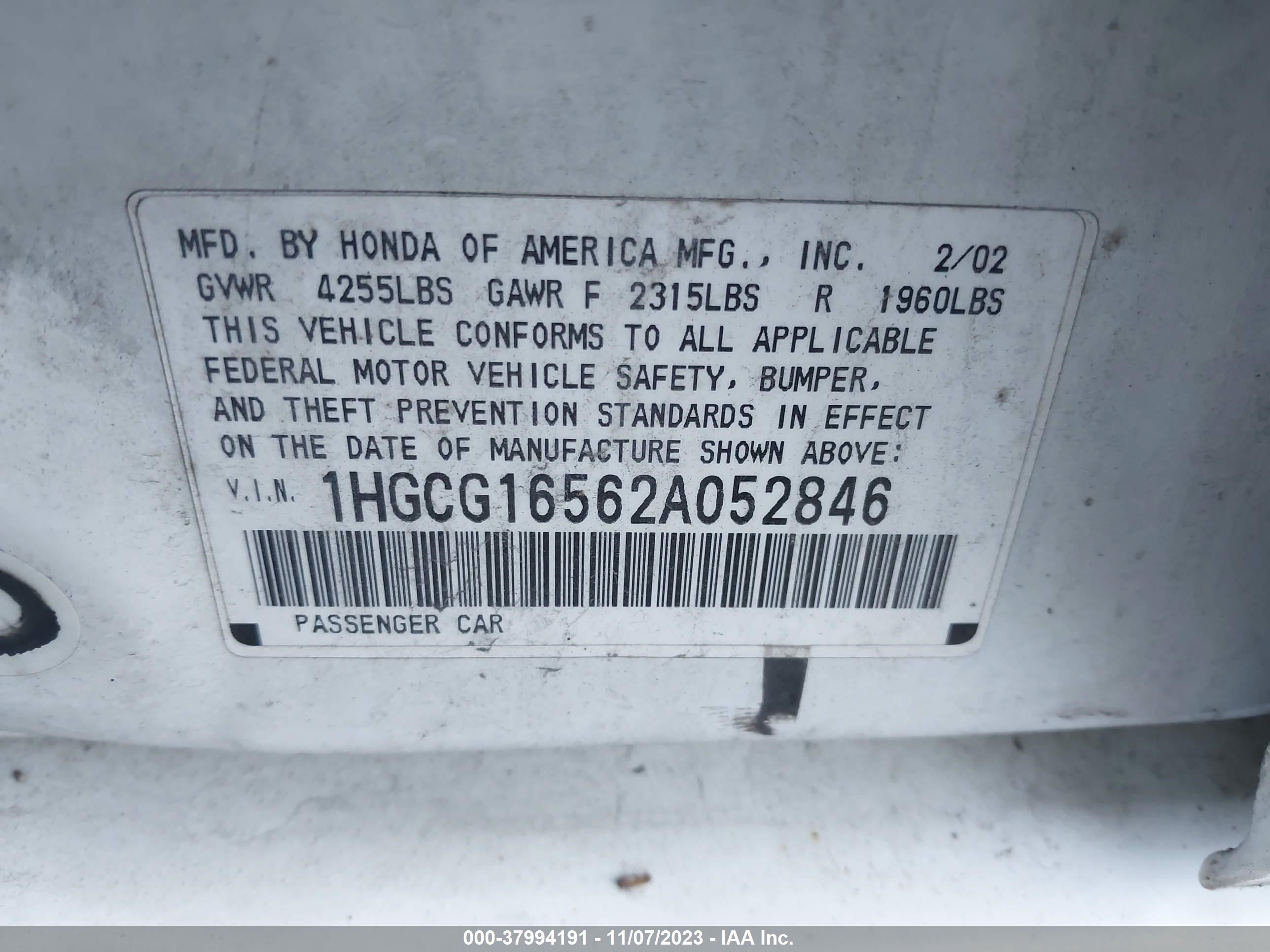 Photo 8 VIN: 1HGCG16562A052846 - HONDA ACCORD 