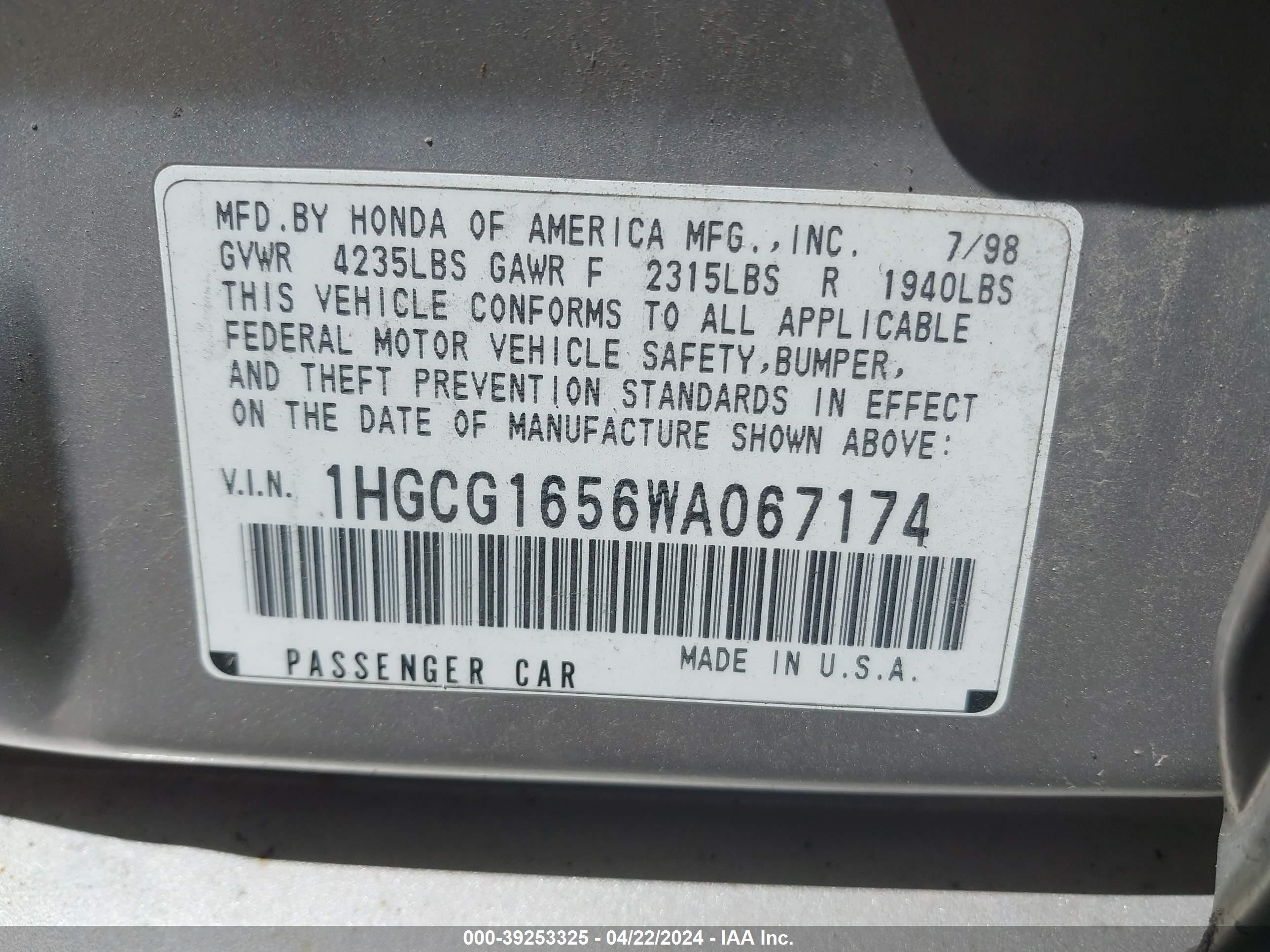 Photo 8 VIN: 1HGCG1656WA067174 - HONDA ACCORD 