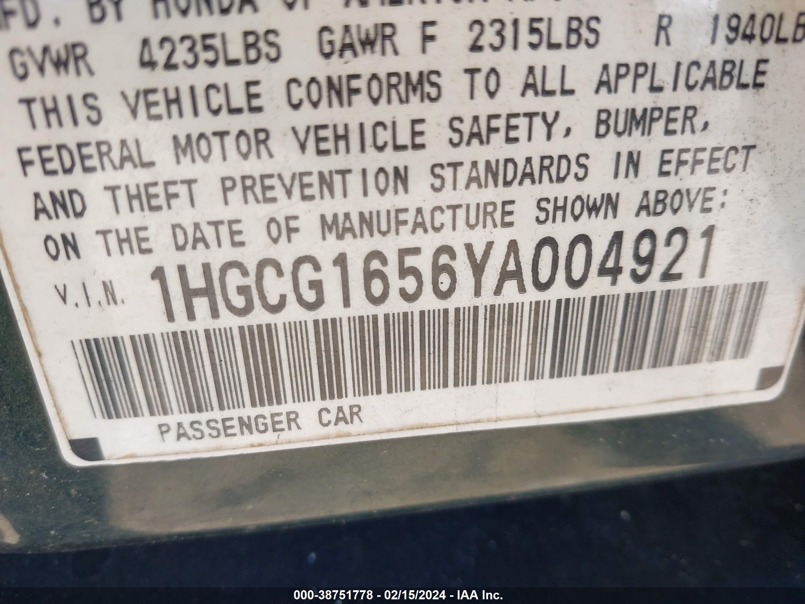 Photo 8 VIN: 1HGCG1656YA004921 - HONDA ACCORD 