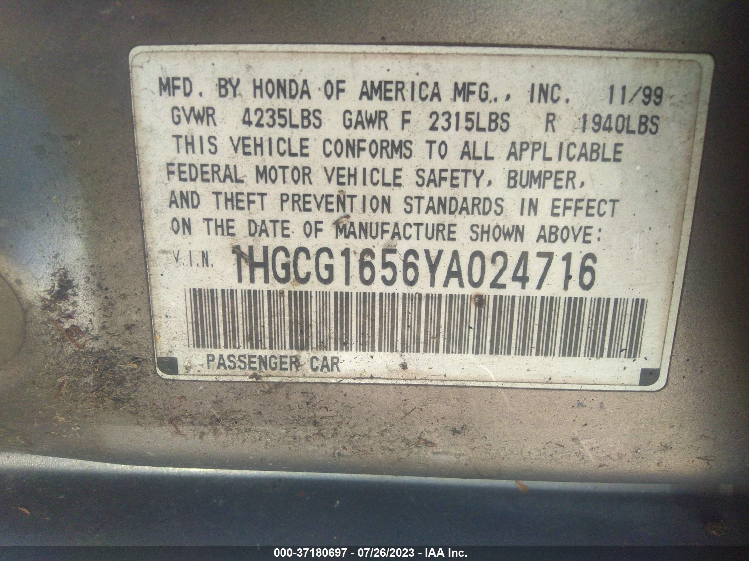 Photo 8 VIN: 1HGCG1656YA024716 - HONDA ACCORD 