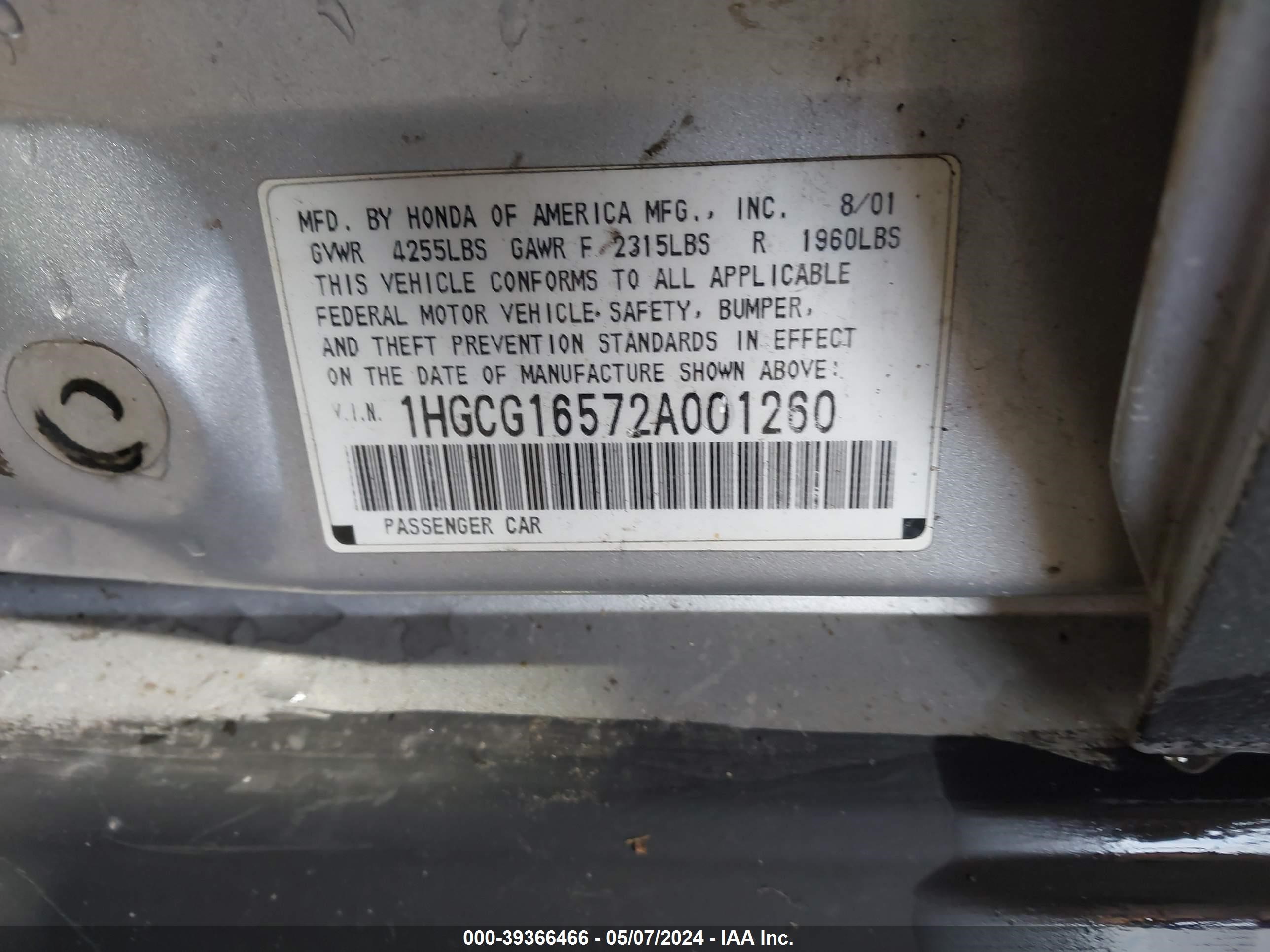 Photo 8 VIN: 1HGCG16572A001260 - HONDA ACCORD 