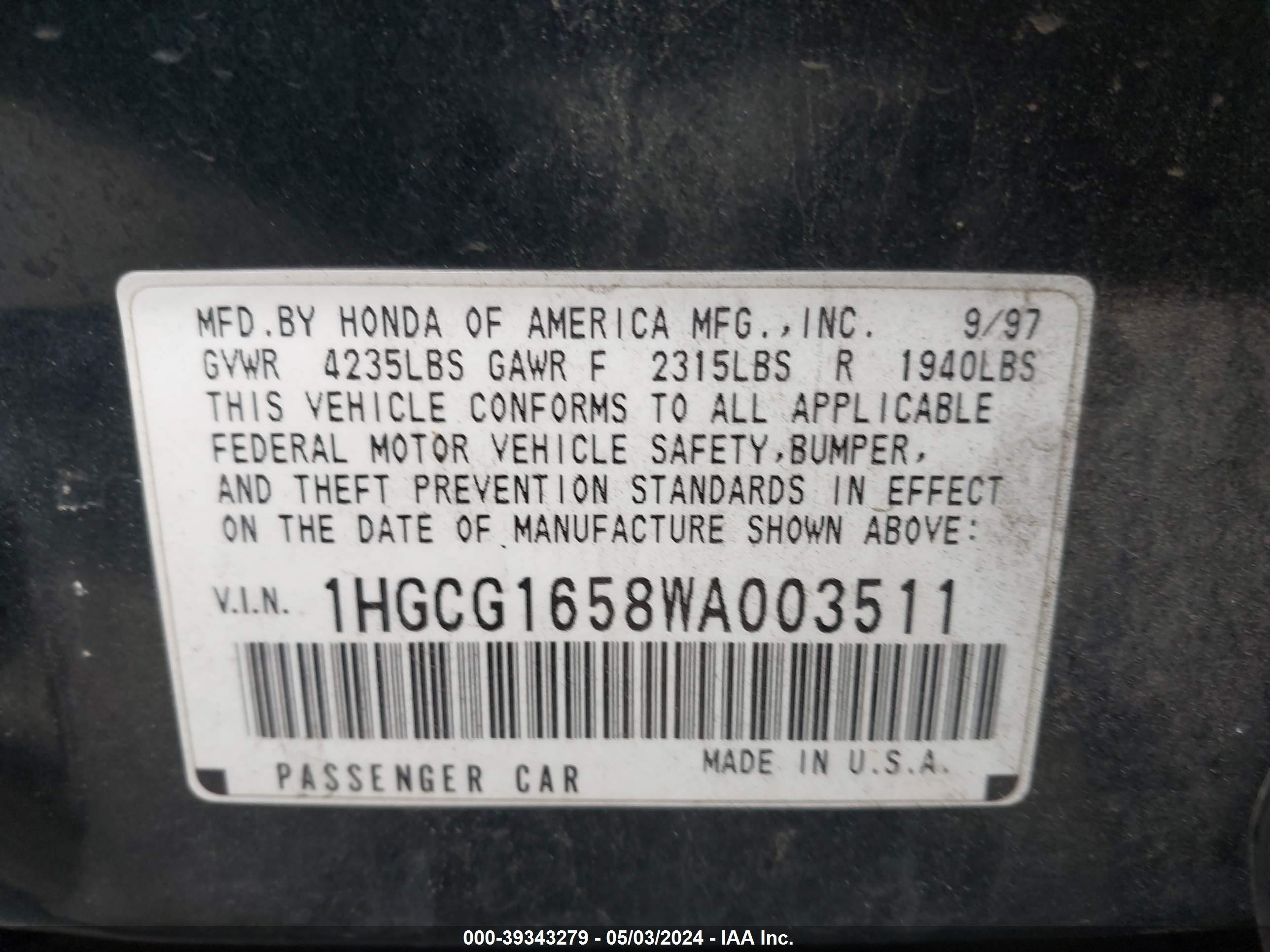 Photo 8 VIN: 1HGCG1658WA003511 - HONDA ACCORD 