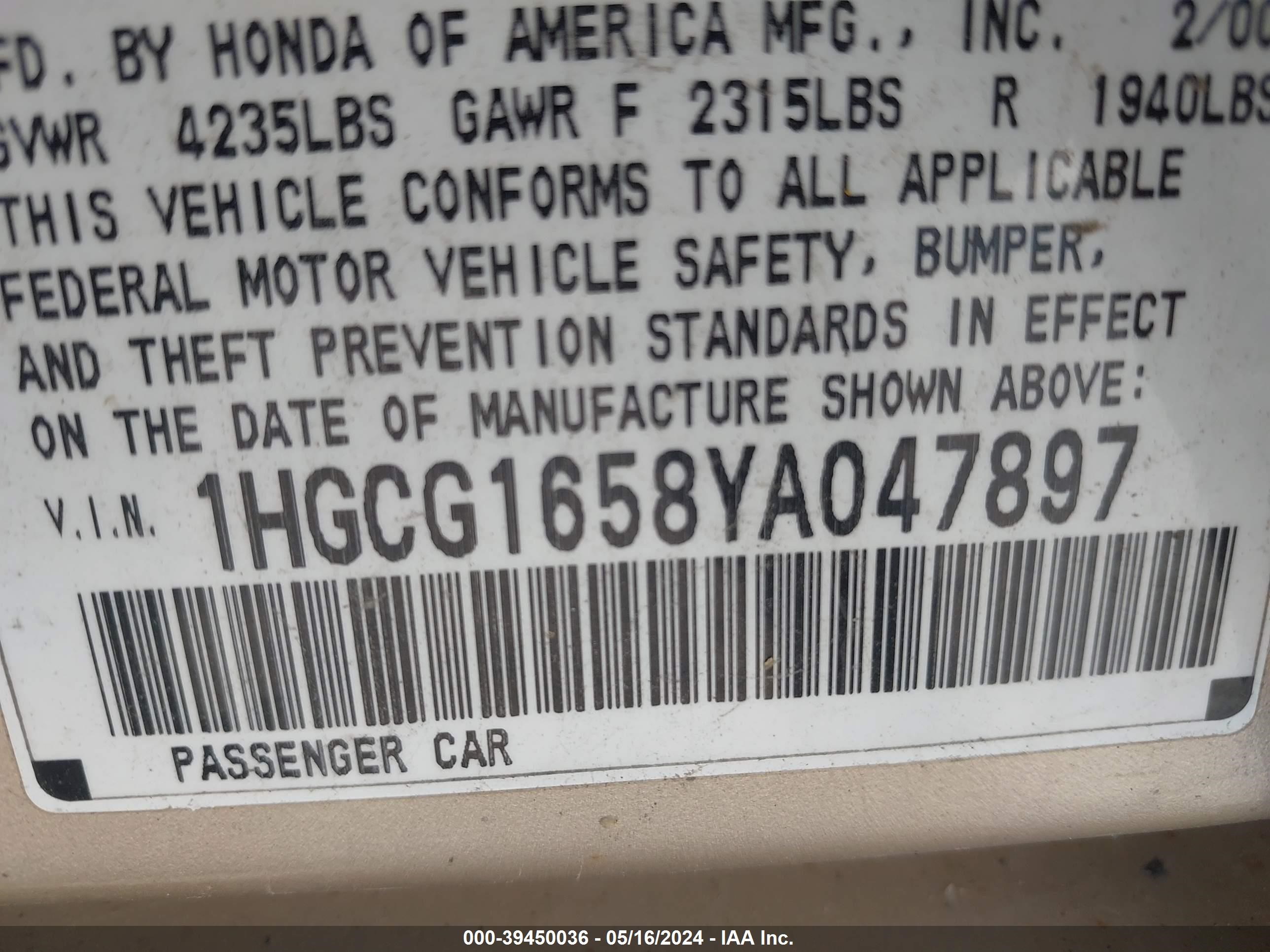 Photo 8 VIN: 1HGCG1658YA047897 - HONDA ACCORD 