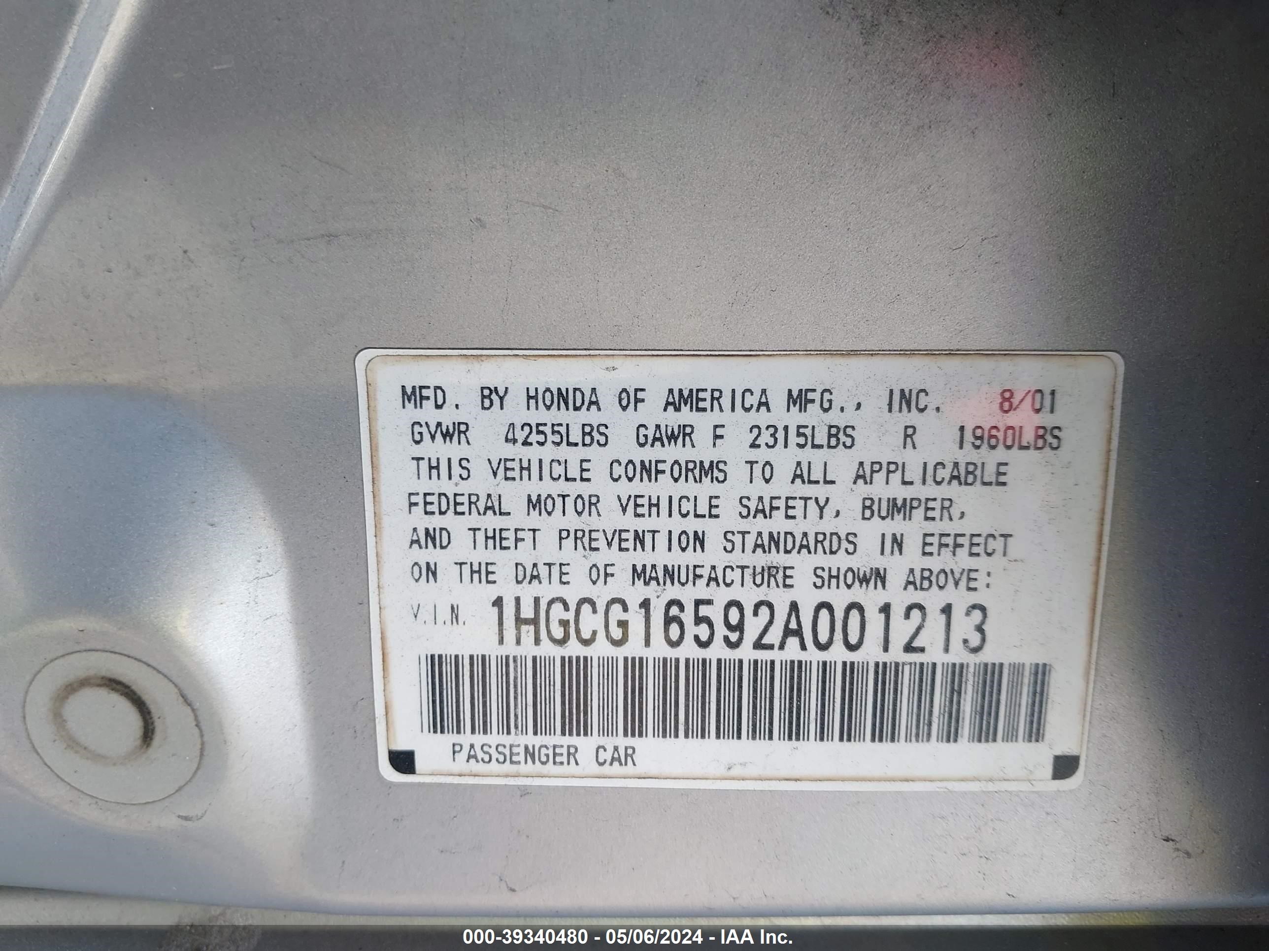 Photo 8 VIN: 1HGCG16592A001213 - HONDA ACCORD 