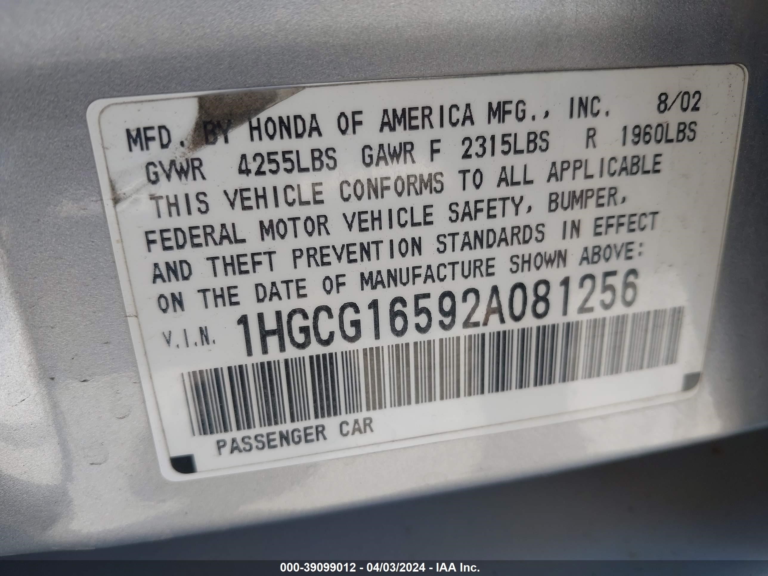 Photo 8 VIN: 1HGCG16592A081256 - HONDA ACCORD 