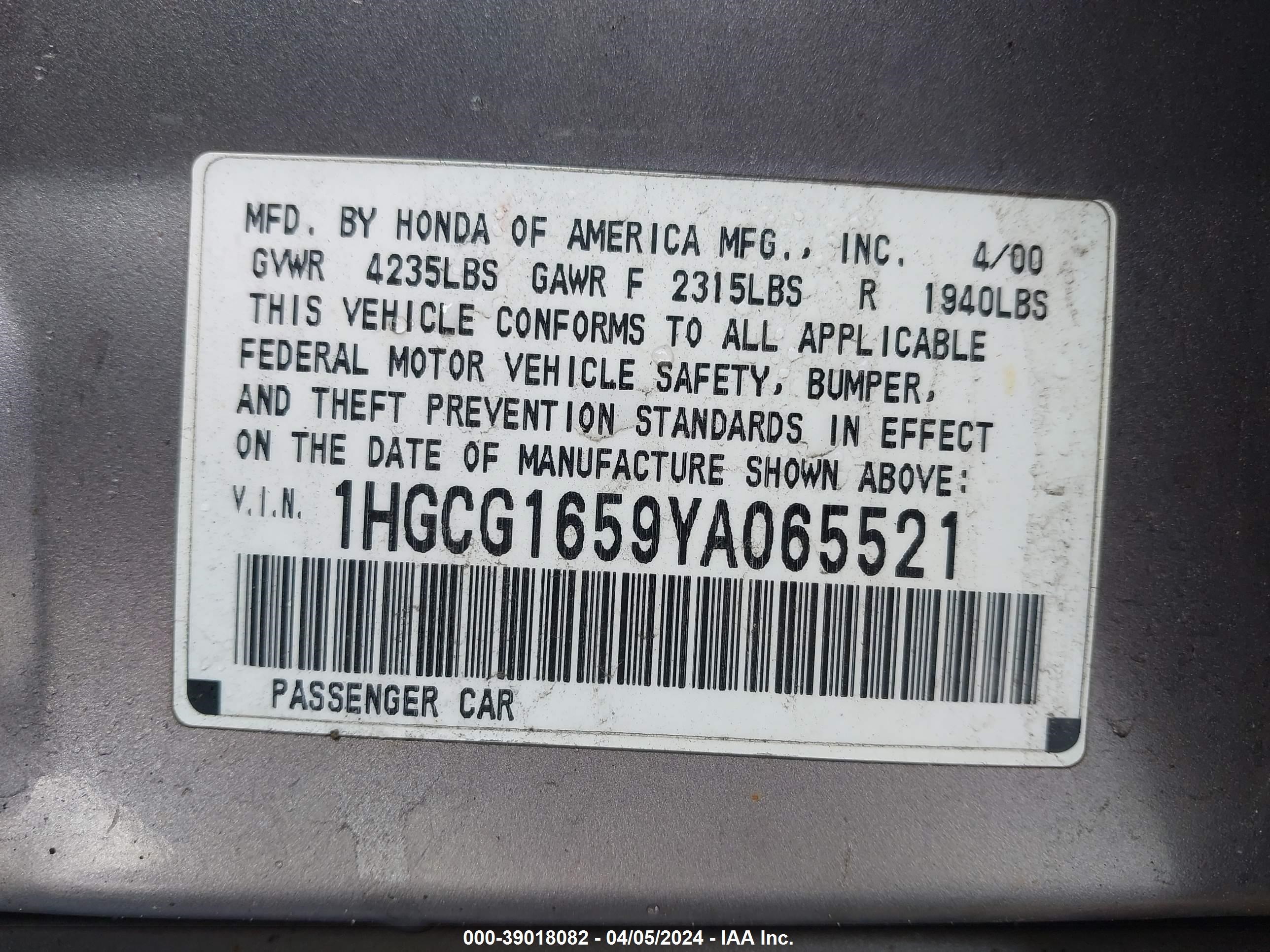 Photo 8 VIN: 1HGCG1659YA065521 - HONDA ACCORD 