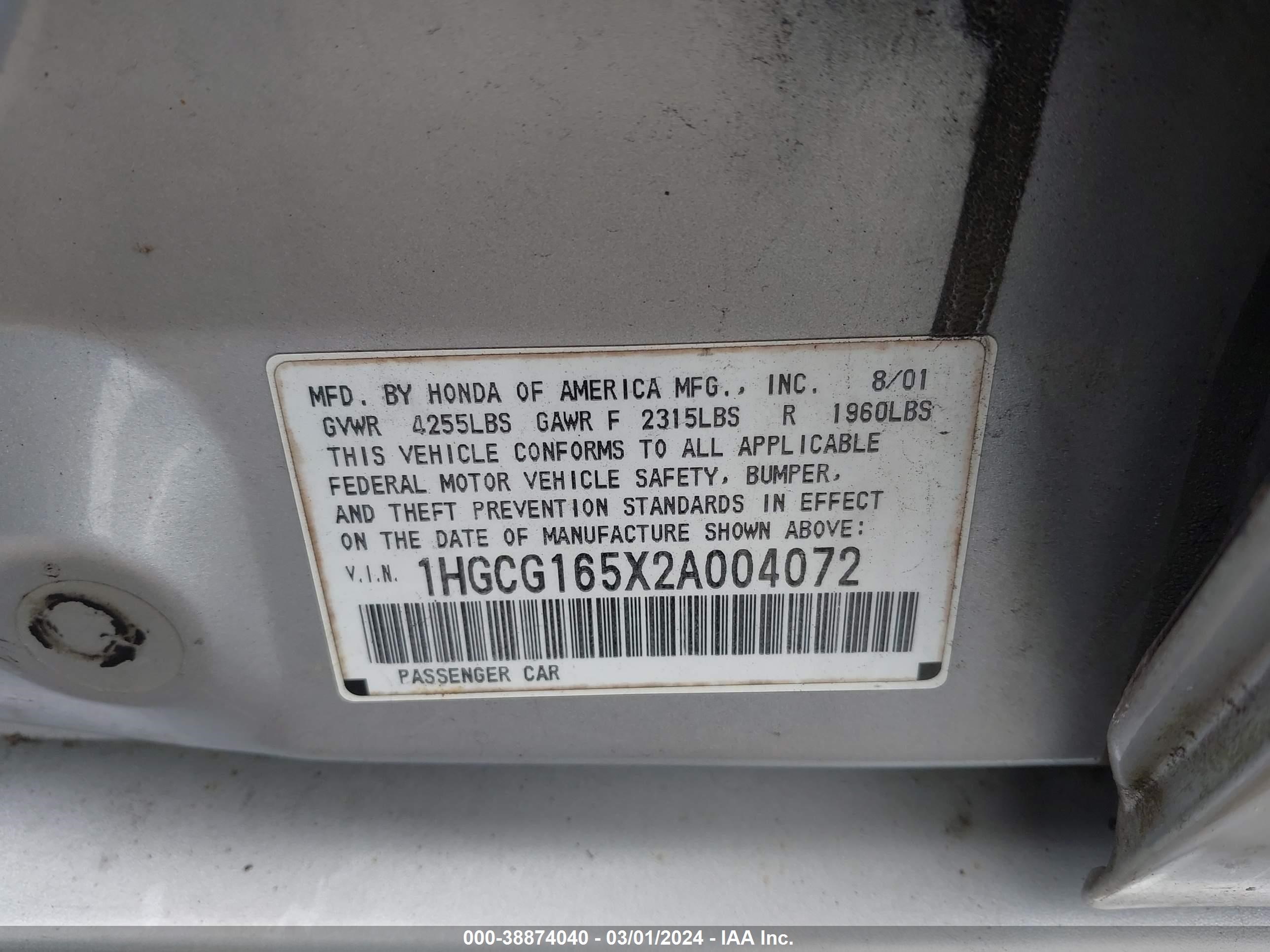 Photo 8 VIN: 1HGCG165X2A004072 - HONDA ACCORD 