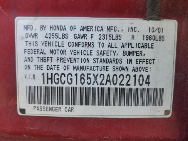 Photo 11 VIN: 1HGCG165X2A022104 - HONDA ACCORD EX 