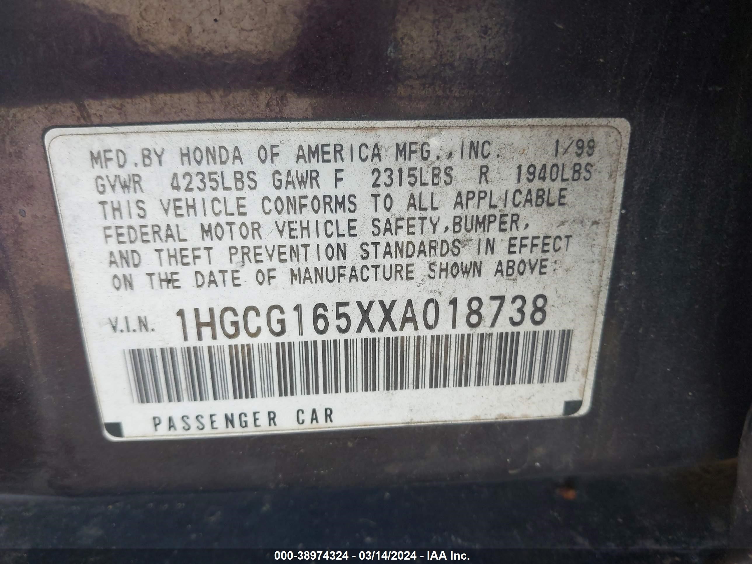 Photo 8 VIN: 1HGCG165XXA018738 - HONDA ACCORD 