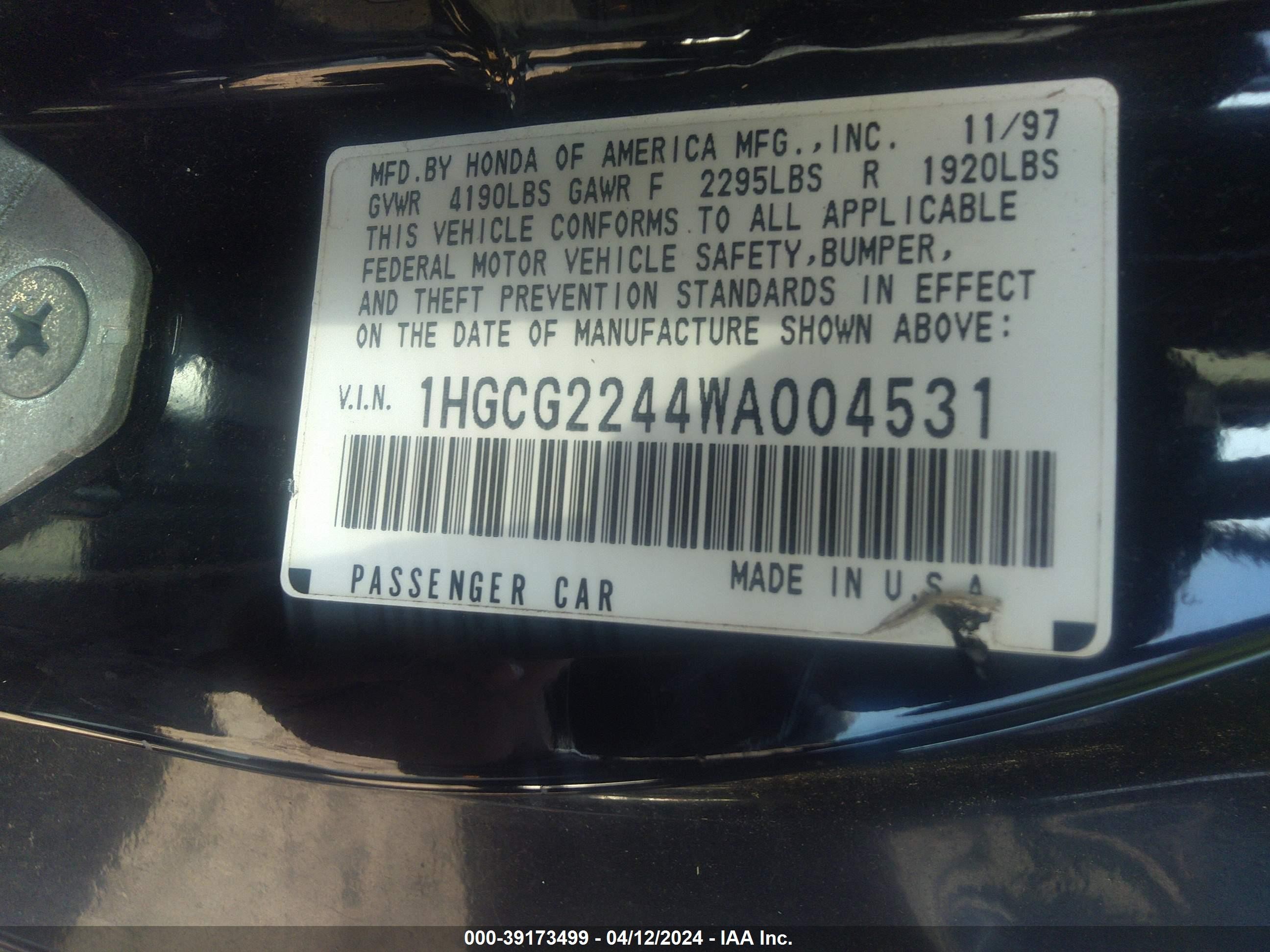 Photo 8 VIN: 1HGCG2244WA004531 - HONDA ACCORD 