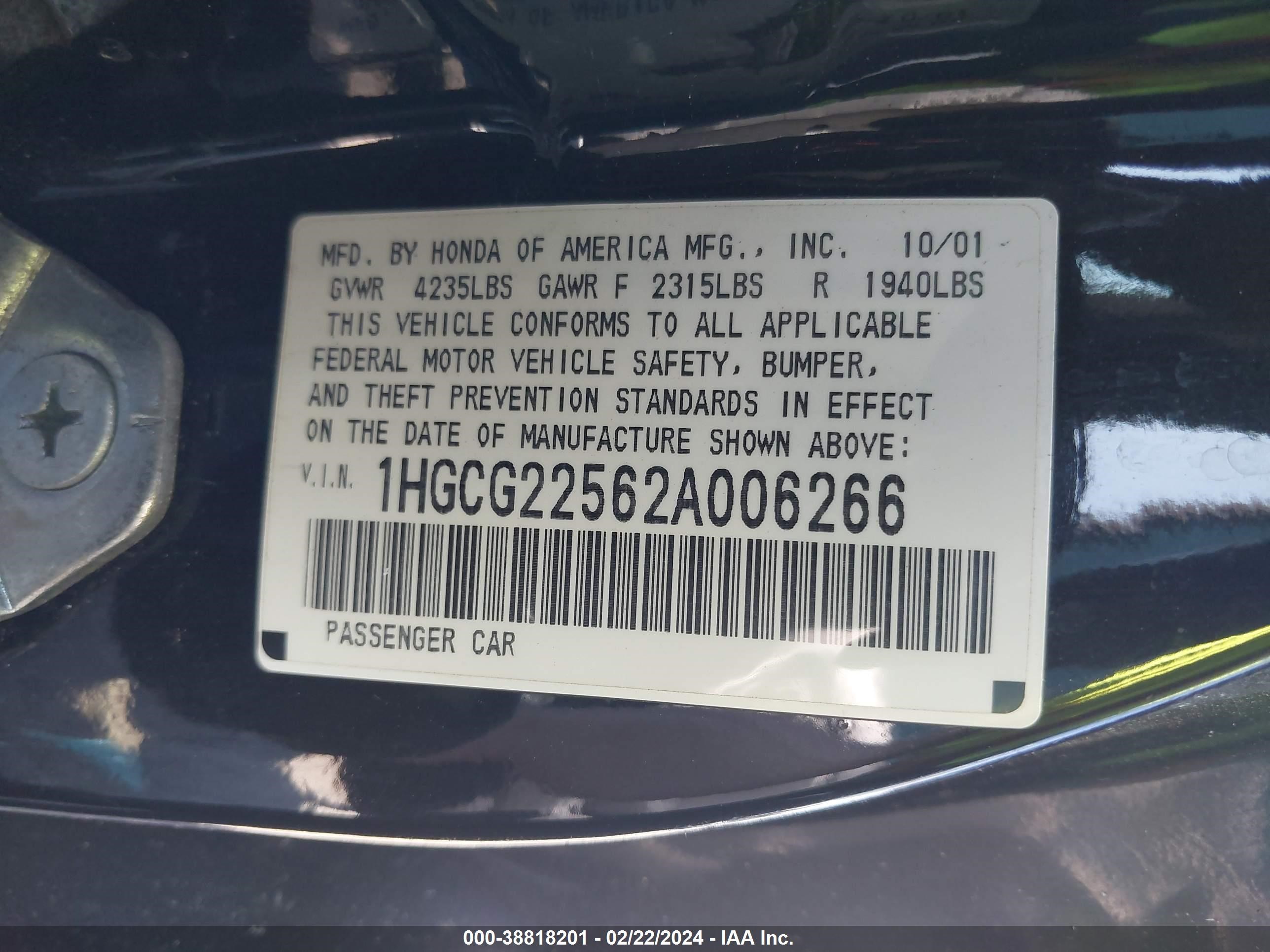 Photo 8 VIN: 1HGCG22562A006266 - HONDA ACCORD 