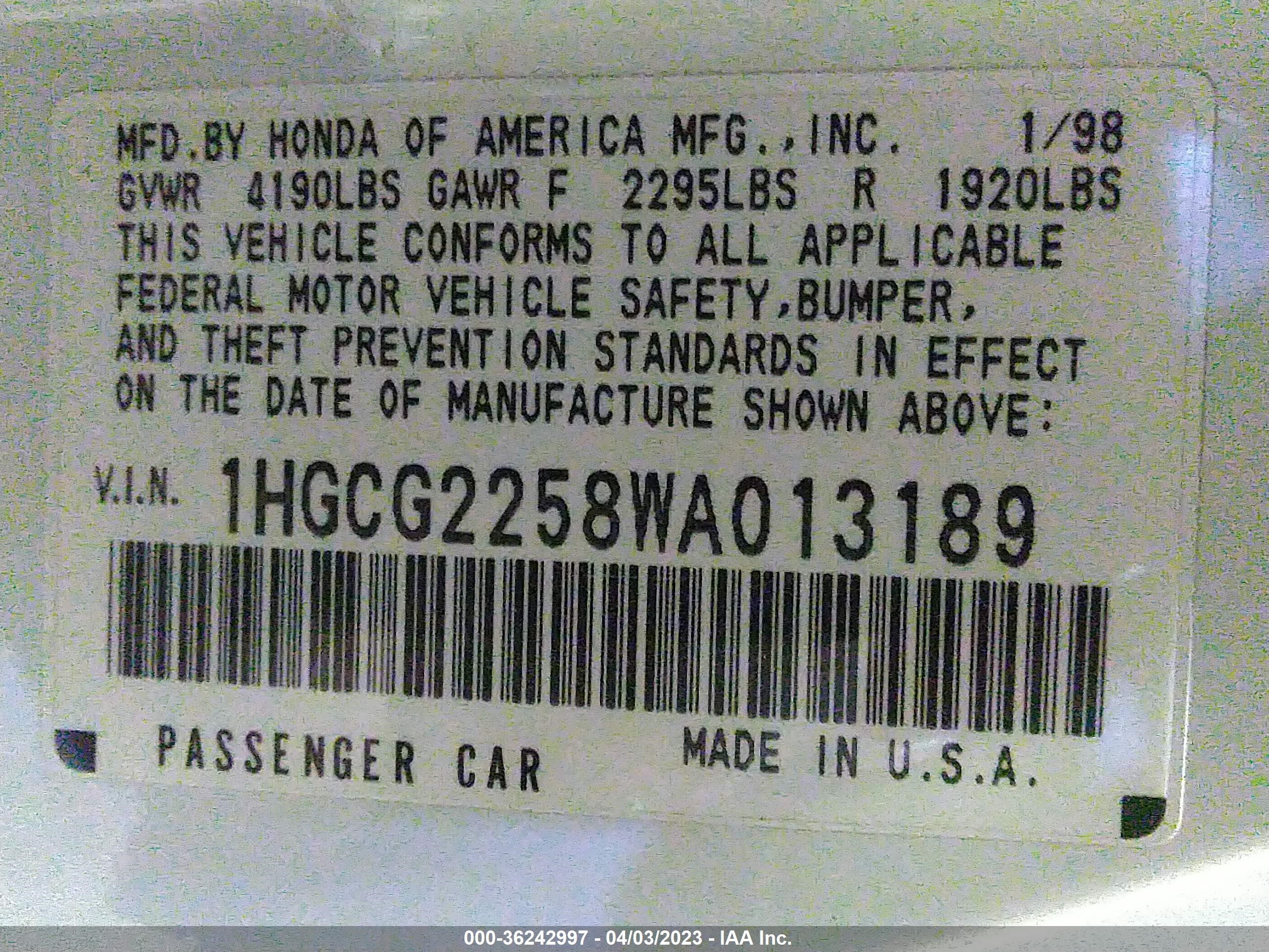 Photo 8 VIN: 1HGCG2258WA013189 - HONDA ACCORD 