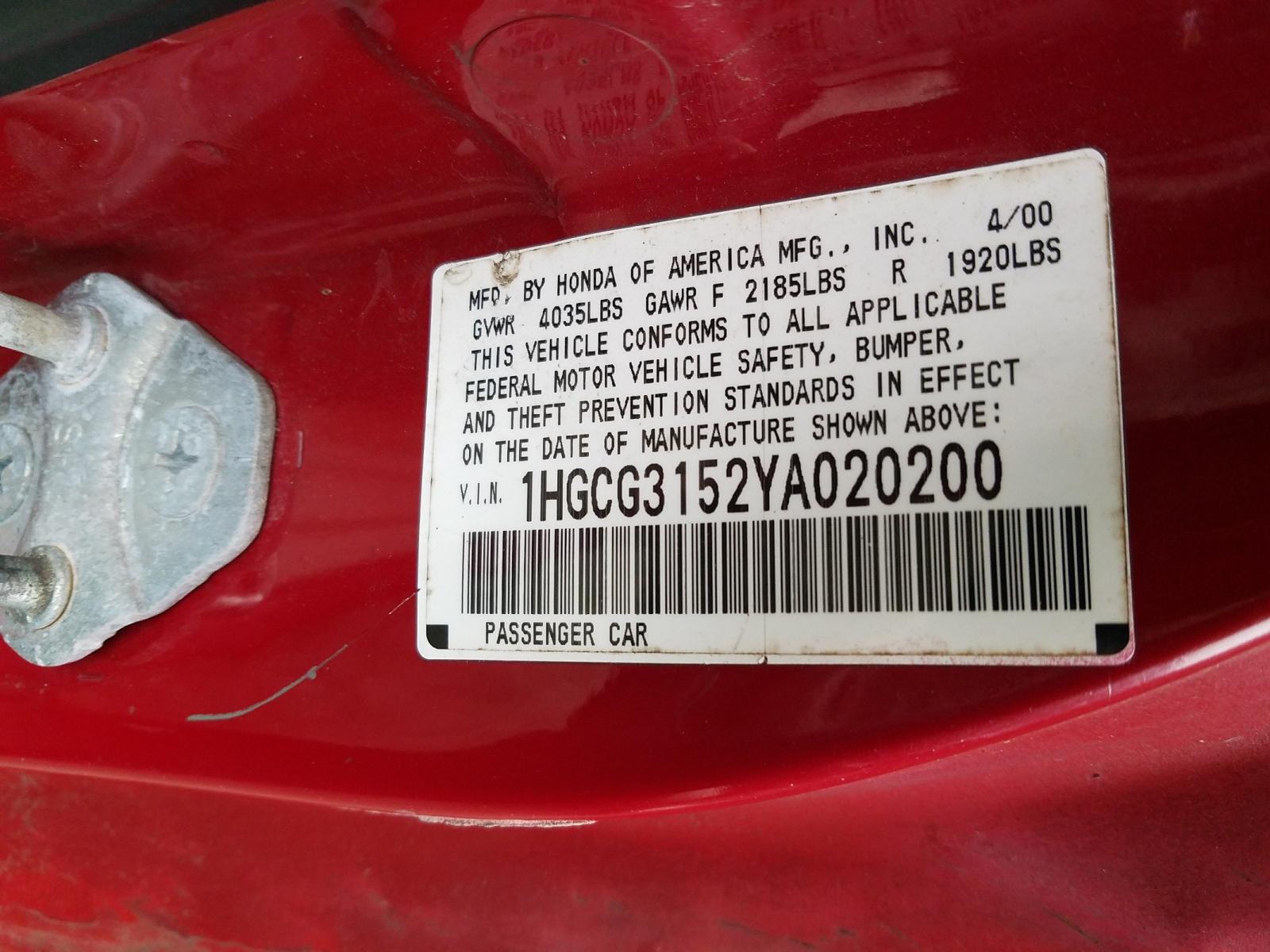 Photo 9 VIN: 1HGCG3152YA020200 - HONDA ACCORD EX 