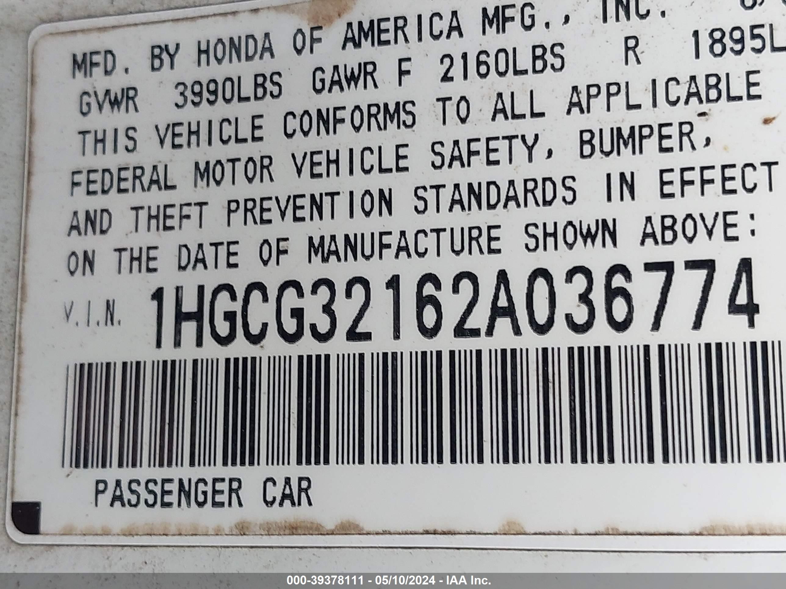 Photo 8 VIN: 1HGCG32162A036774 - HONDA ACCORD 